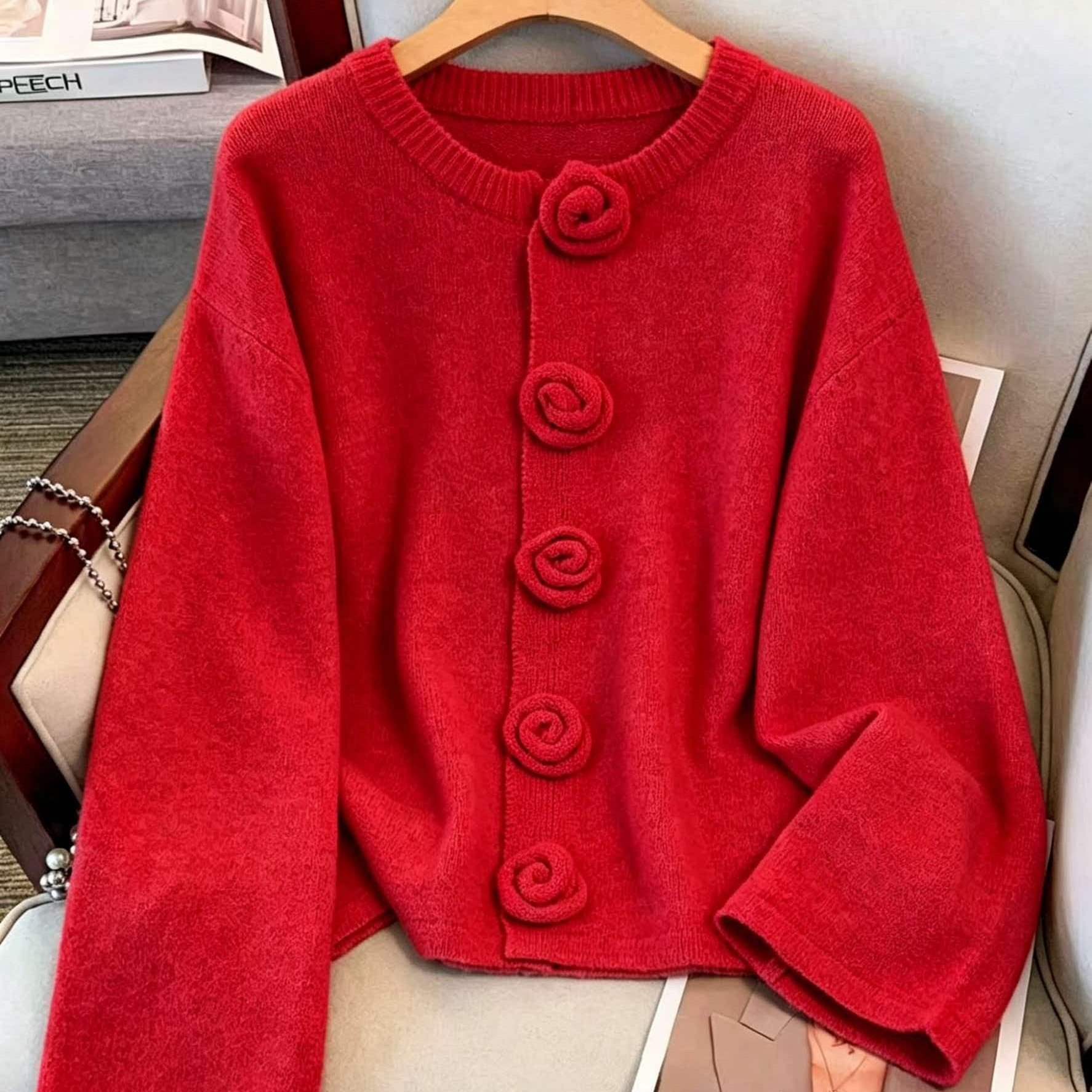 TEMU Grande Taille - Cardigan à Col Rond Crochet , Coupe Épaules Tombantes, Tissu Ultra- et pour , Anti-Dérapant & Extra Confortable, Style