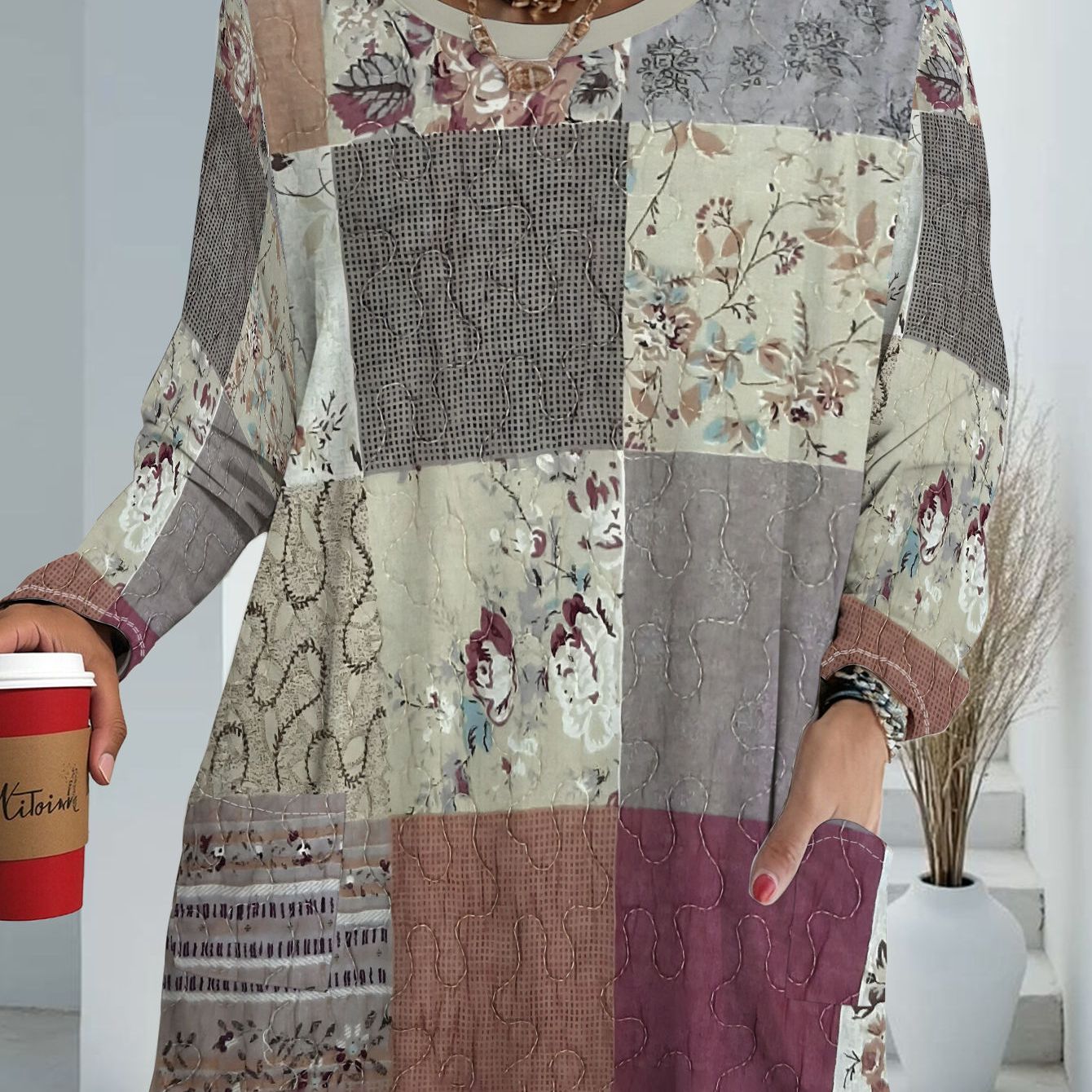 TEMU Women's Plus Size Long Sleeve T-shirt With Pockets, Vintage Floral Print, Women's Loose And Casual Top, Fashionable And Versatile Autumn Outfit
