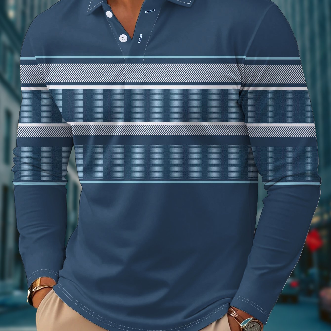 TEMU Men's Casual Long Sleeve Shirt With Striped Print - Breathable Polyester, Button-up Collar, Machine Washable, Striped Print