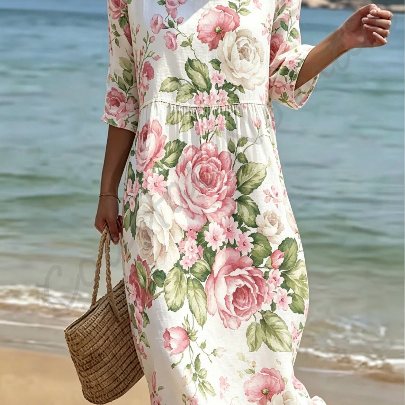 Women's Summer Beach Dress, Round Neck And Three-quarter Sleeves, Made Of Breathable And Skin-friendly Polyester Fabric, Loose And Comfortable, Floral Print, Elegant And Gentle .