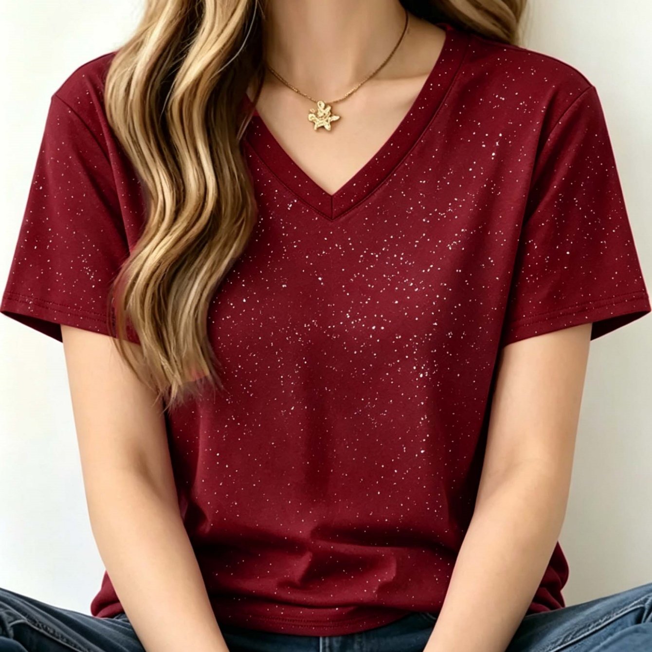 TEMU Women's V-neck Sequin Short Sleeve T-shirt - Loose Fit Blouse Suitable For Summer, Machine Washable Solid Color Top, Non-sheer Casual Versatile