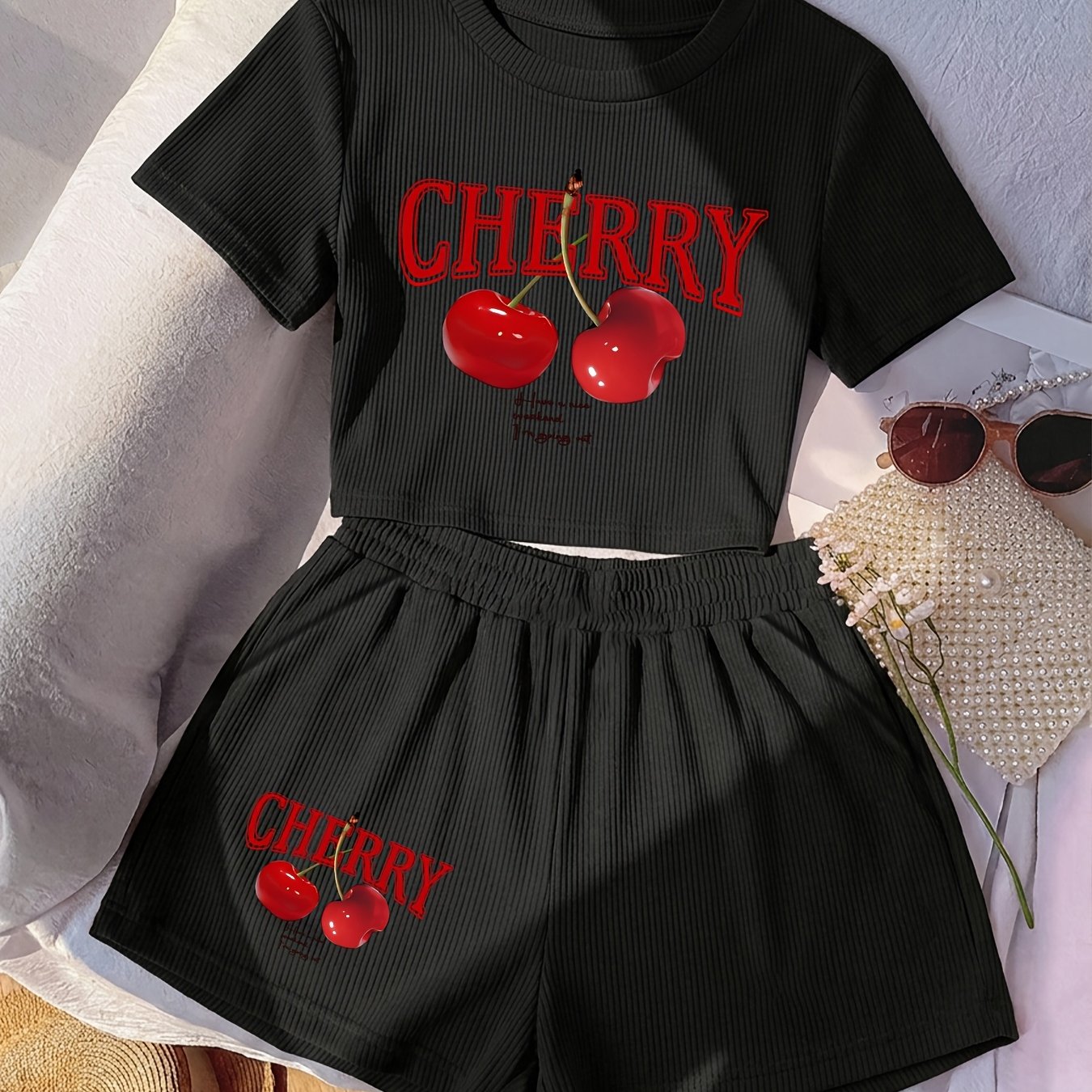 TEMU Pattern Print Women's Short Sleeve And Shorts Set, Summer Women'-piece Outfit, Ribbed Fabric, Comfortable And Breathable, Y2k Style