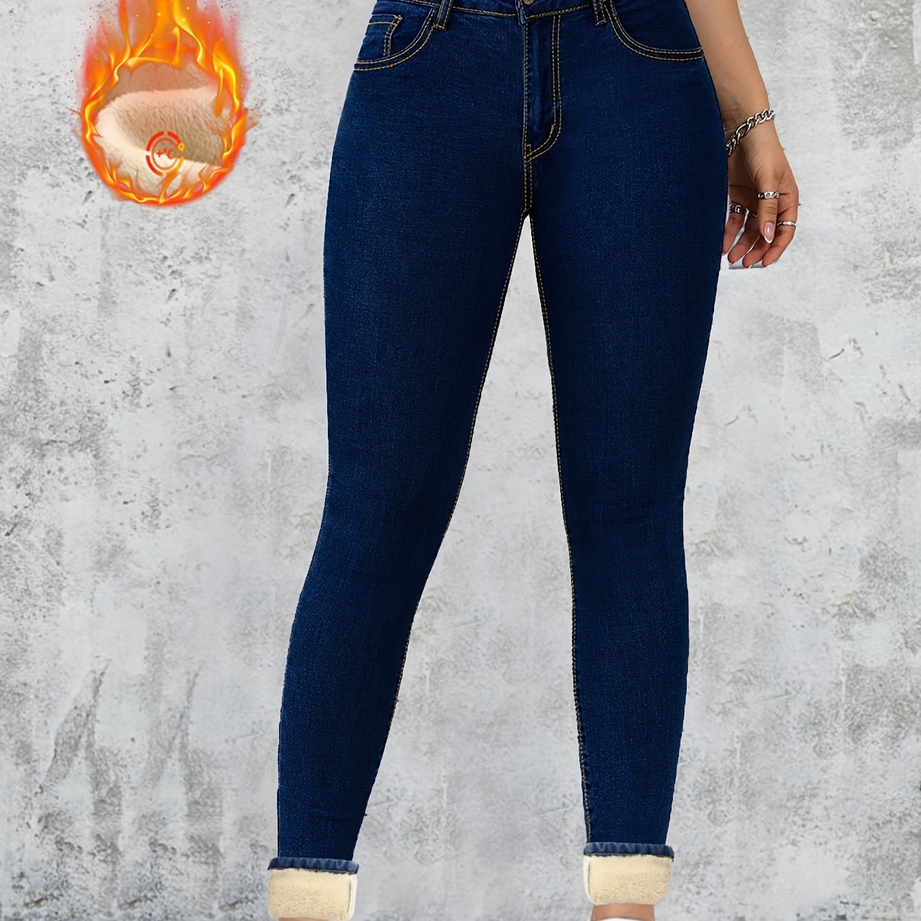 Image of Versatile Blue Fleece-lined Warm High-waisted Elastic Skinny Women's Denim Trousers