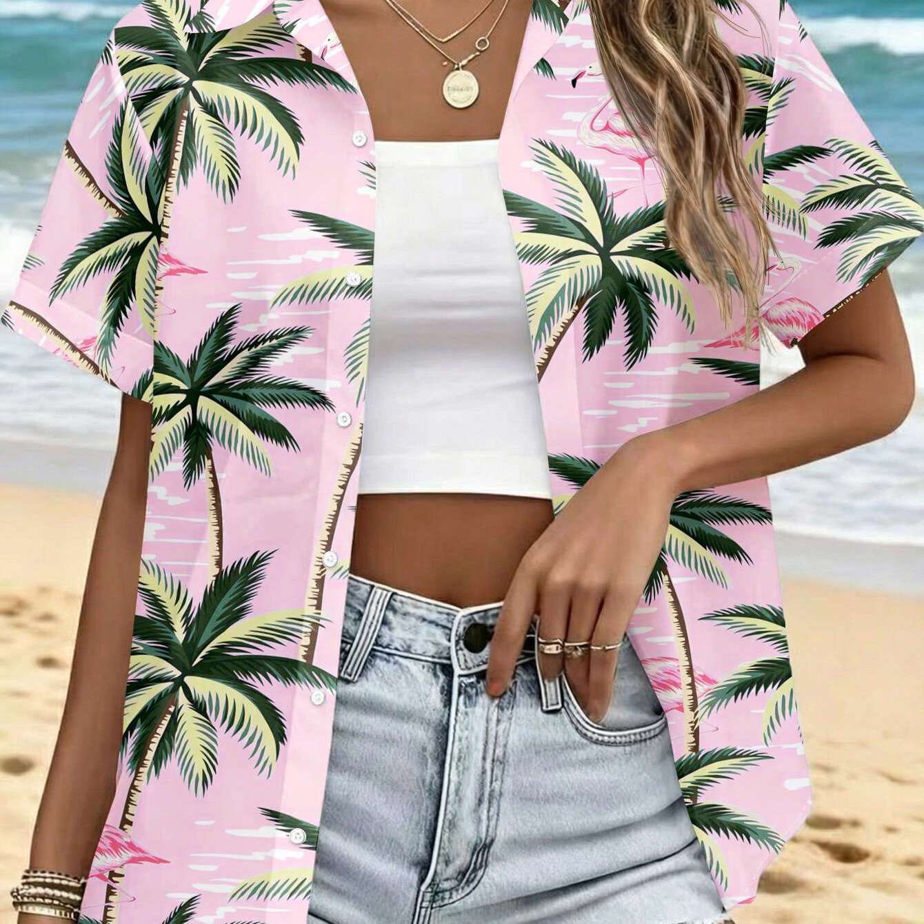 TEMU Women's Casual Short-sleeve Shirt With And Flamingo Print, Overflowing Tropical Style Pattern, Machine Washable Women's Top, Fashionable