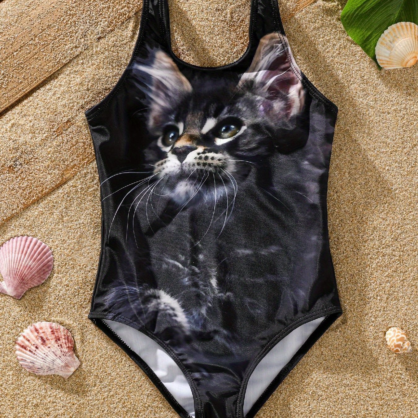 Childlike Black Cat Pattern Girl s Tight Swimsuit Set