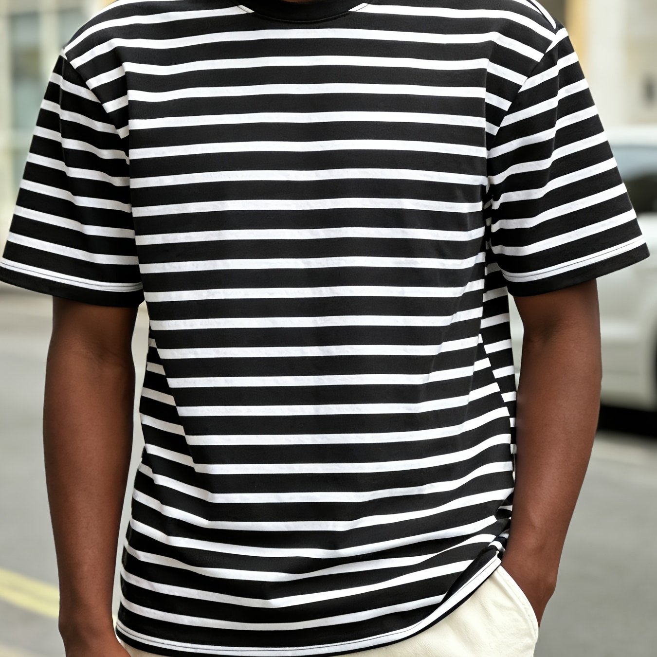 TEMU Japanese Vintage Striped Tshirt Soft Loose Fit Slimming Versatile Short Sleeve Standard Men Size Fashion Trend Street Academy Style Outdoor