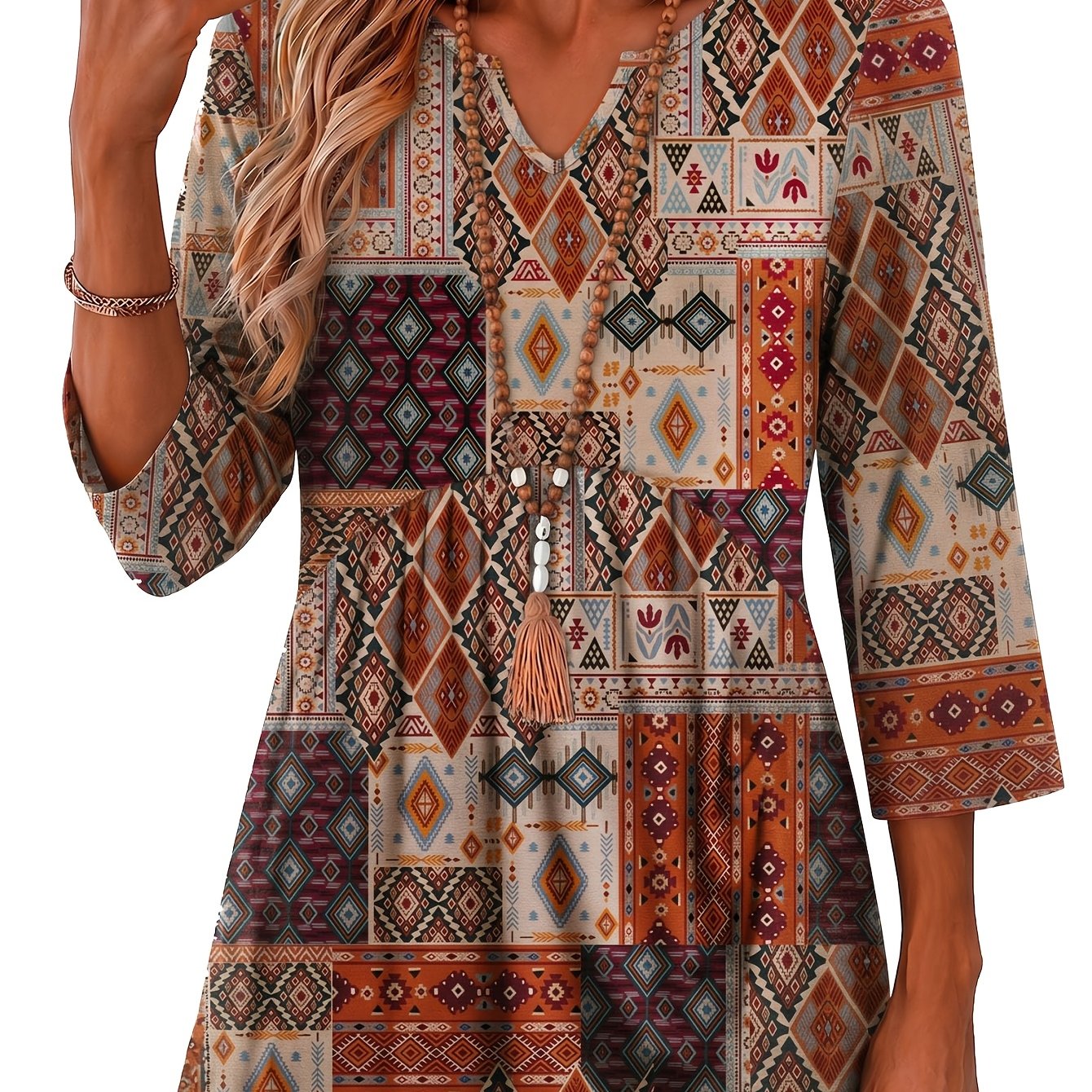TEMU Women's Comfortable Long Length 3/4 Sleeve Top, Elegant Shirt, Fashion Loose V-neck Three-quarter Sleeve T-shirt