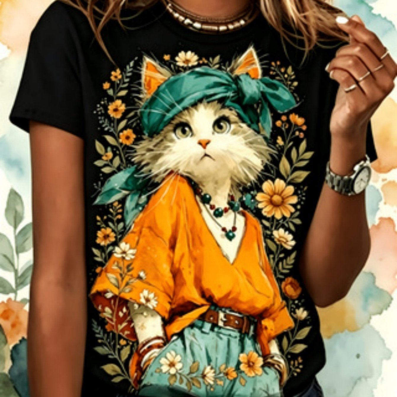 Women's Vintage Boho Cat & Green Headscarf T-shirt - Short Sleeve Crewneck Loose With Bohemian Floral Print, Casual Tee Suitable For Daily Wear, Vacation, Travel, Machine Washable For - Outfits