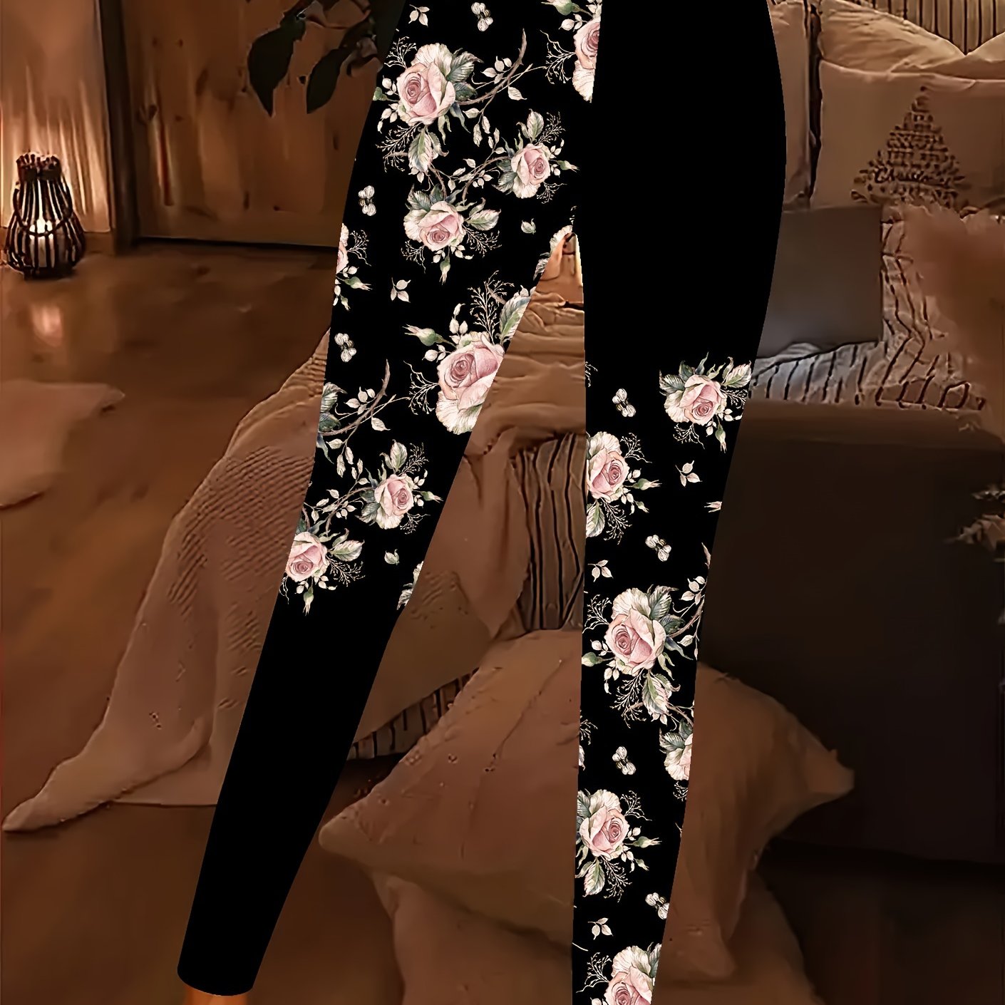 TEMU Plus Size - Plus Size - Plus-size Floral Printed Leggings, Casual Stretchy Base Layer Pants, Women's Plus-size Clothing