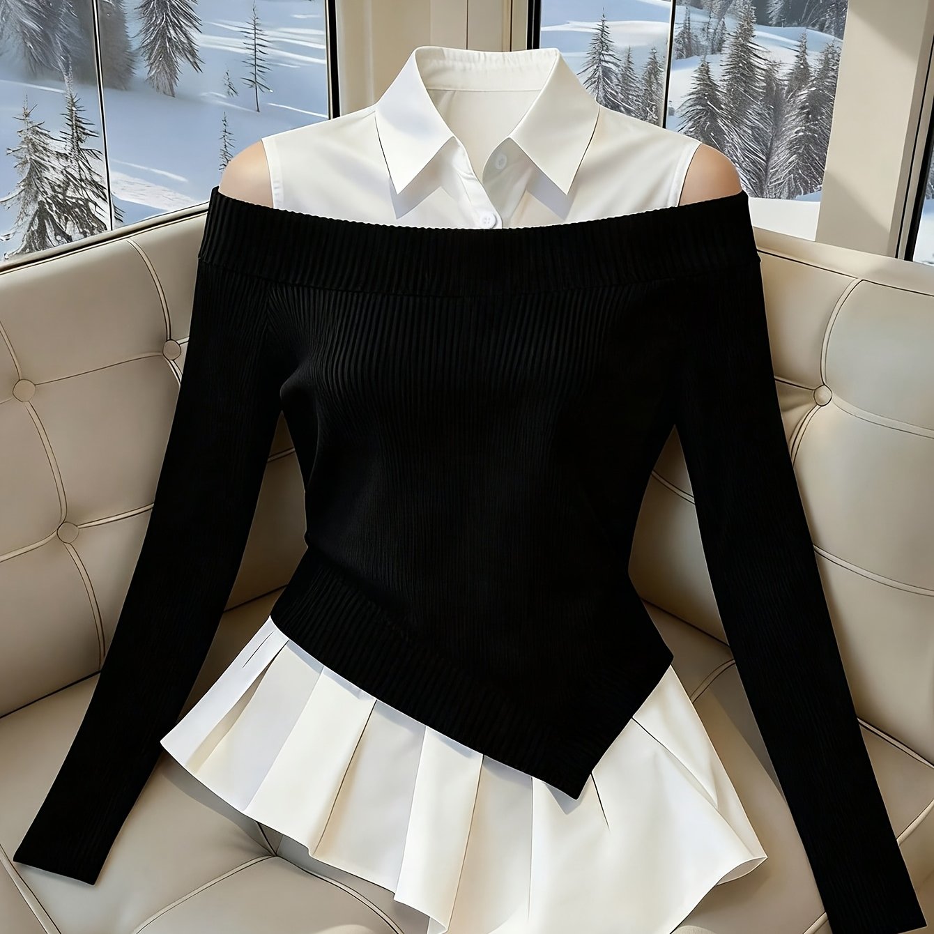 TEMU Minimalist Fashion Irregular 2-in-1 Look Off-shoulder Collar Long Sleeve And White New Women's Top