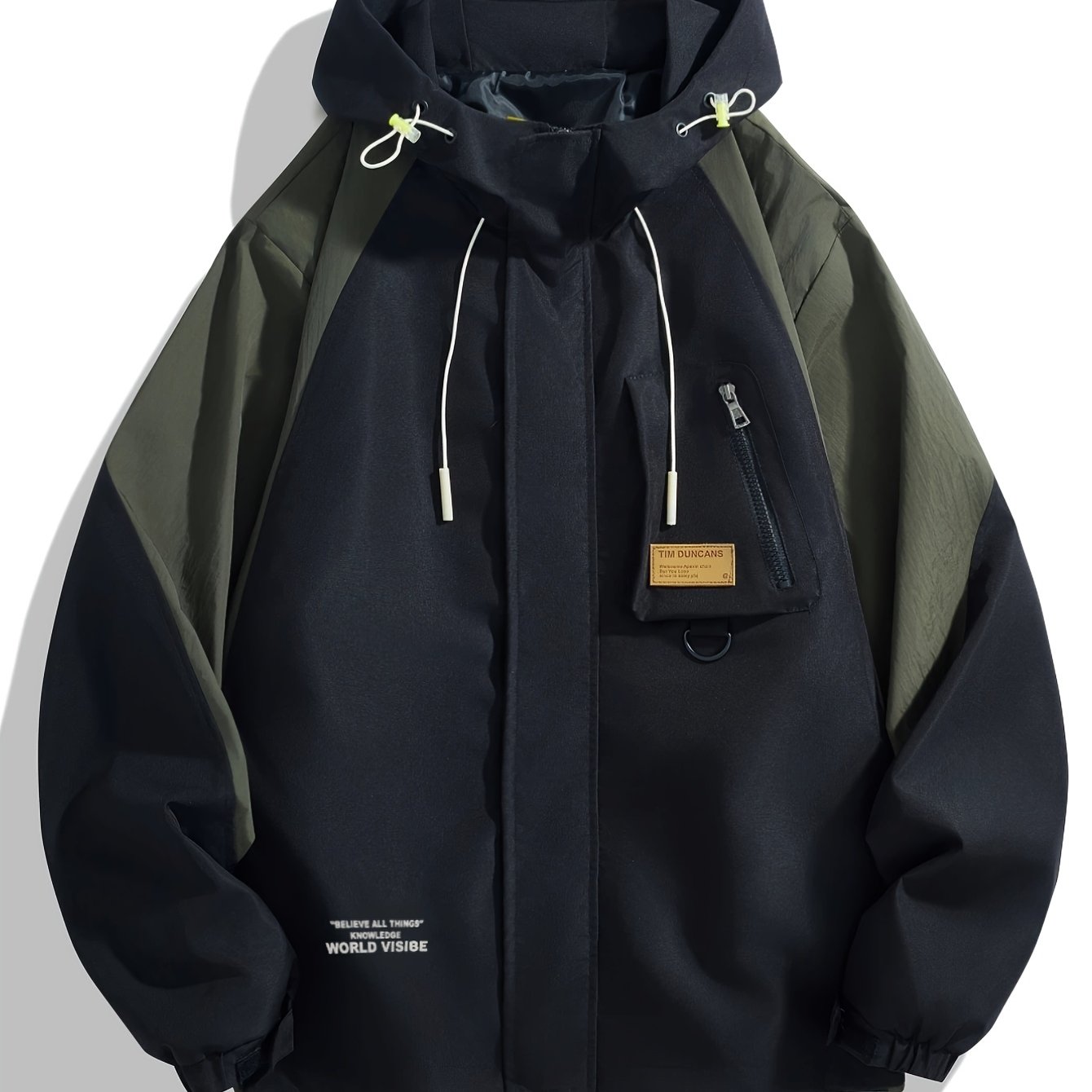 TEMU Men's Spring/autumn World Letter Print And Contrast Hooded Long Sleeve Zip-up Windbreaker Jacket, Suitable For Outdoor Activities