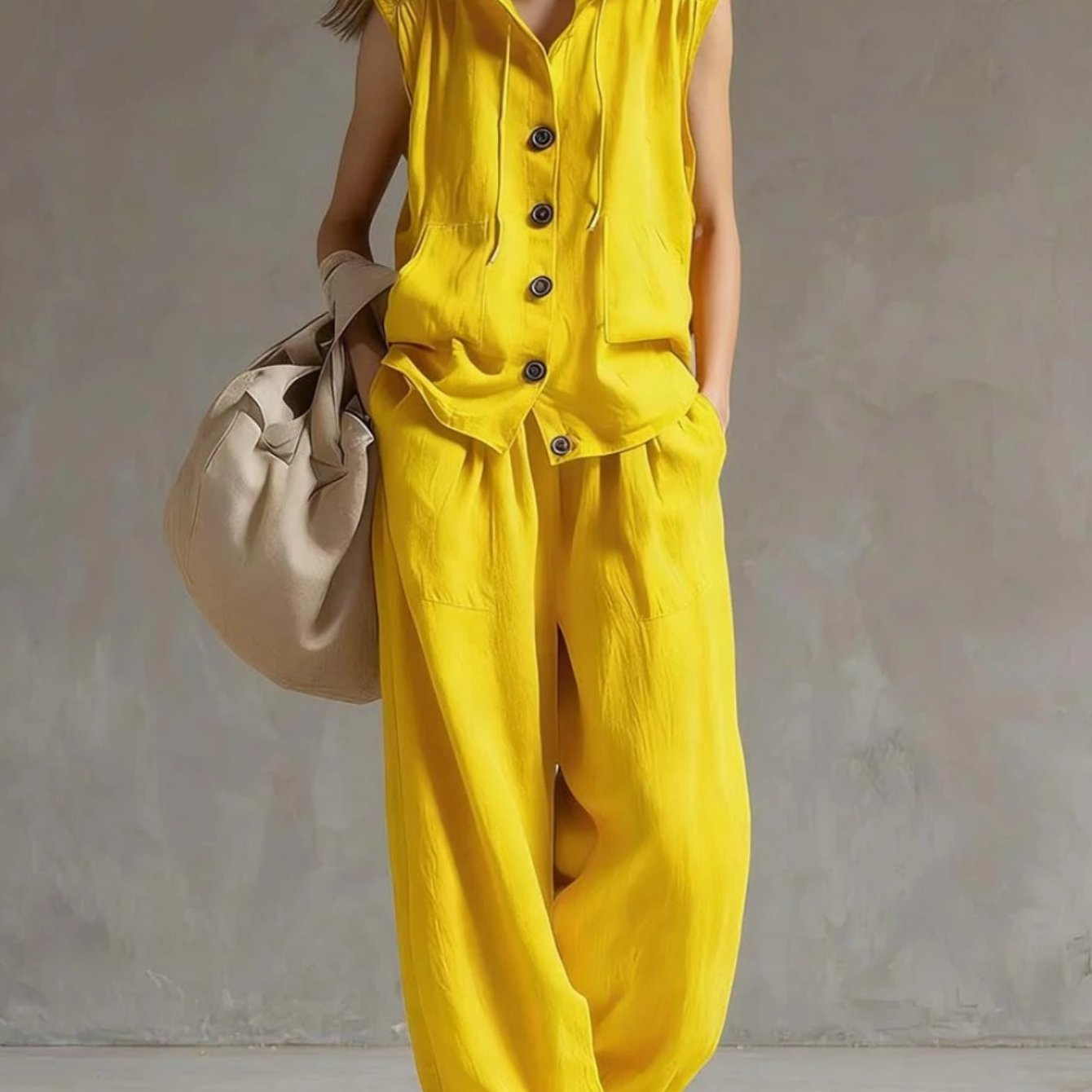 Image of 2026 Summer New Utility Casual Casual Streetwear 2pcs Set Hooded Sleeveless Button Vest Top And High Waist Loose Wide Leg Pants Trendy Vacation Co-ord Outfit With Pockets For Women