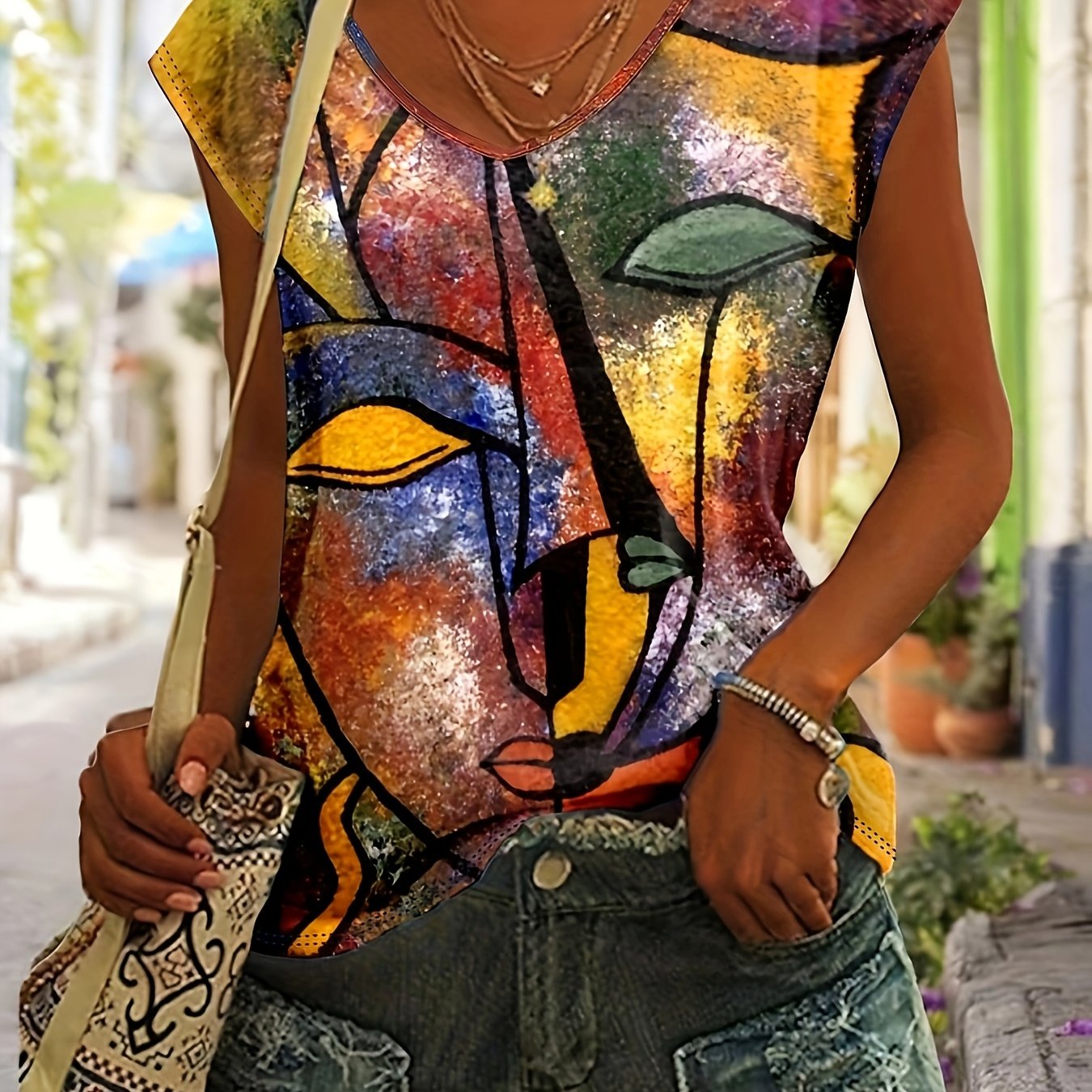 E-shop Gemustertes Rundhals-T-Shirt, Frühling/Sommer Casual Kurzarm-Oberteil für Damen