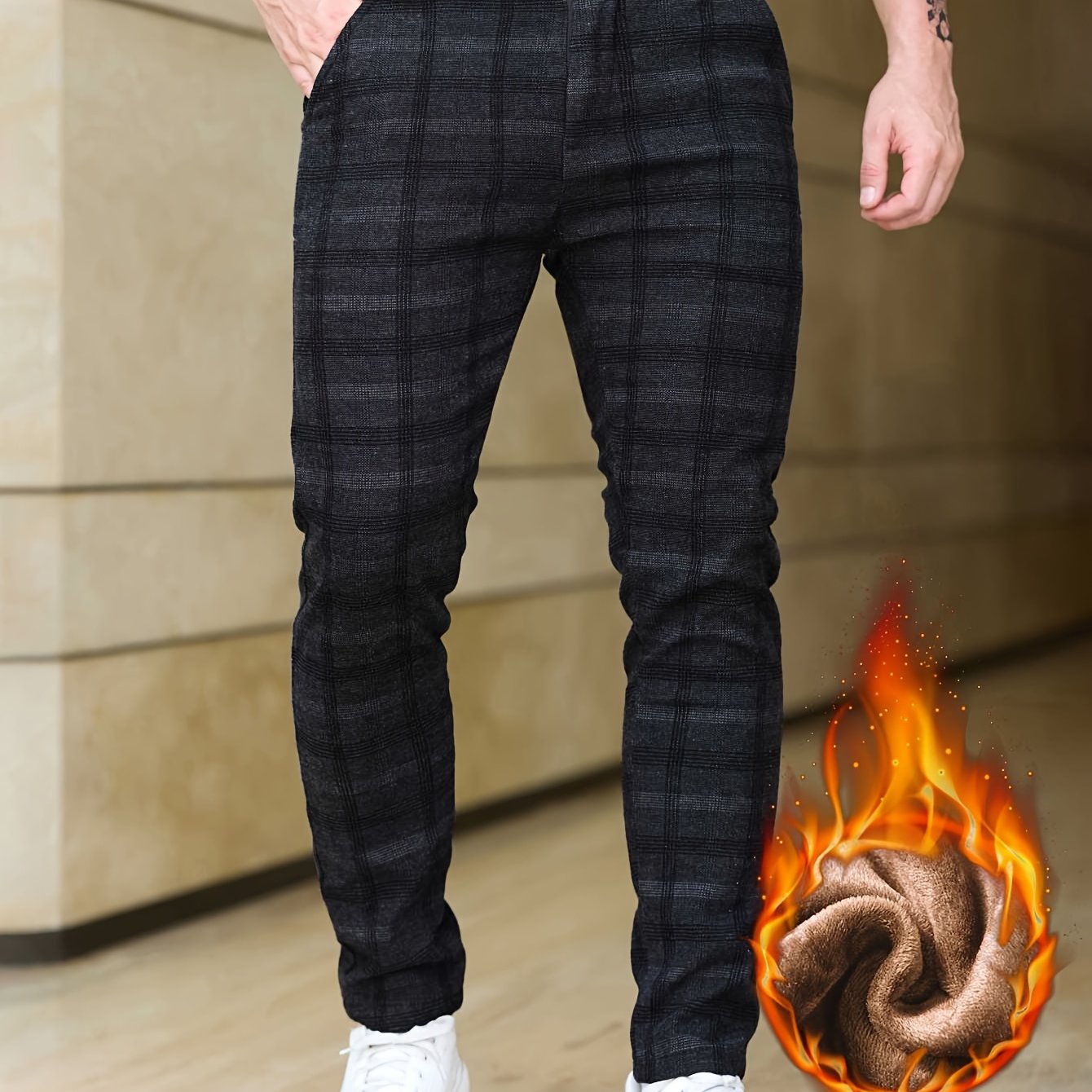 2025 Autumn New Casual Trousers Men's Trendy Brand Versatile Slim Long Pants Men's Spring Autumn Elastic Checkered Straight Trousers Fleece-lined Thickened Warm Fleece Pants