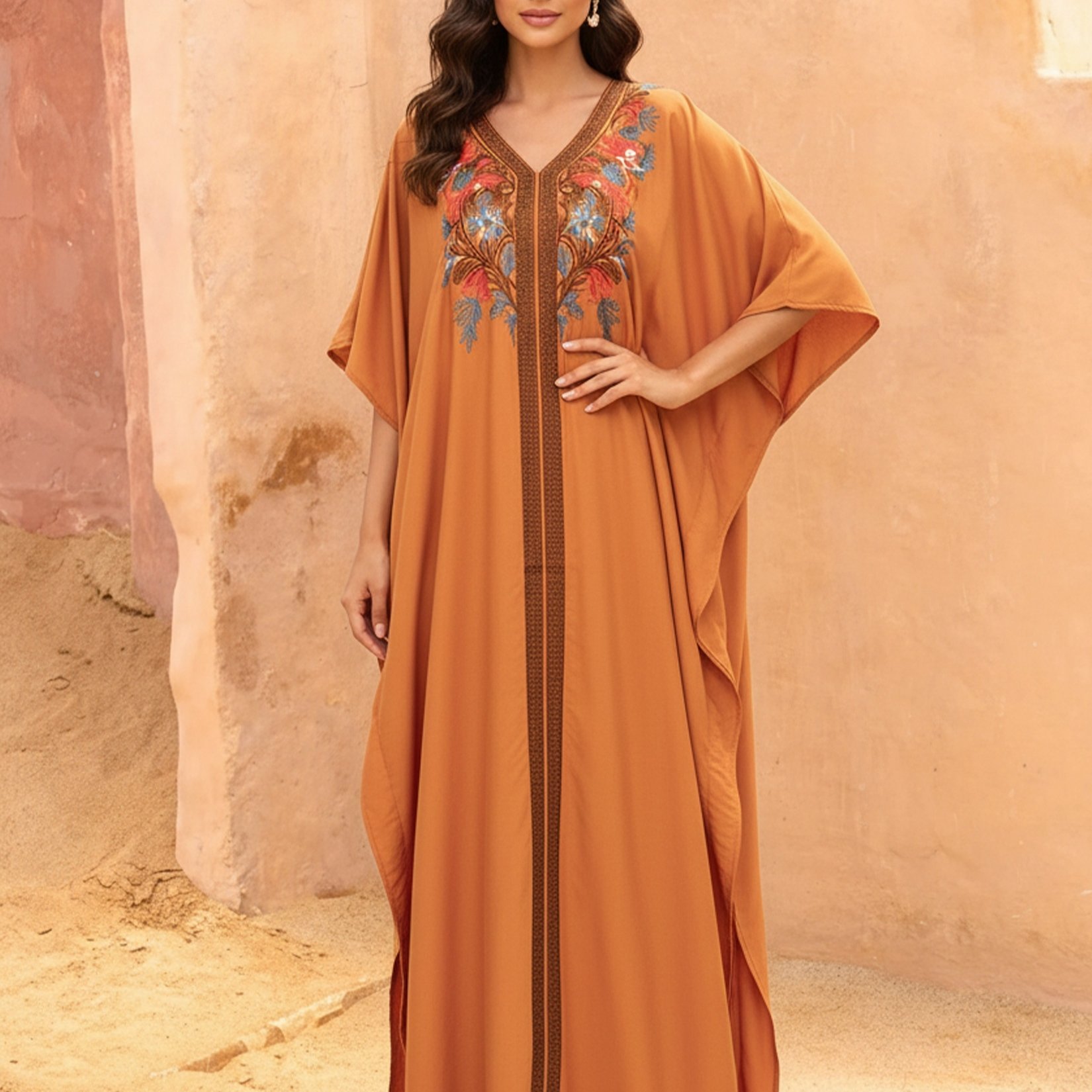TEMU Elegant Floral Embroidered Batwing Sleeves Cover Up For Women V-neck Boho Long Maxi Dress Holiday Caftan Robe Q1807