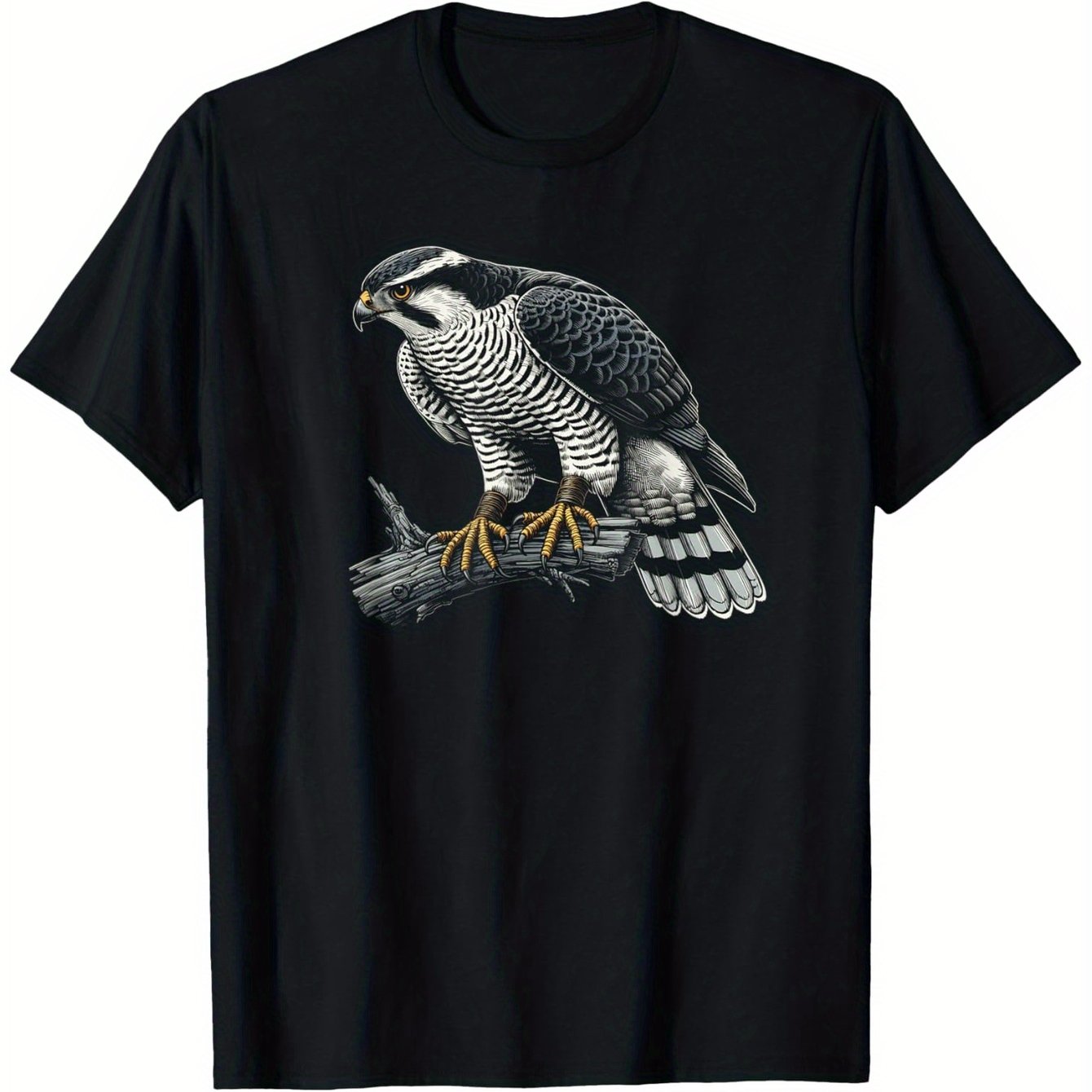TEMU Men's Goshawk Graphic T-shirt - 100% Cotton, , Short Sleeve, Black With Realistic Design, Hunting & Bird Watching Enthusiasts, Sizes S-xxxl