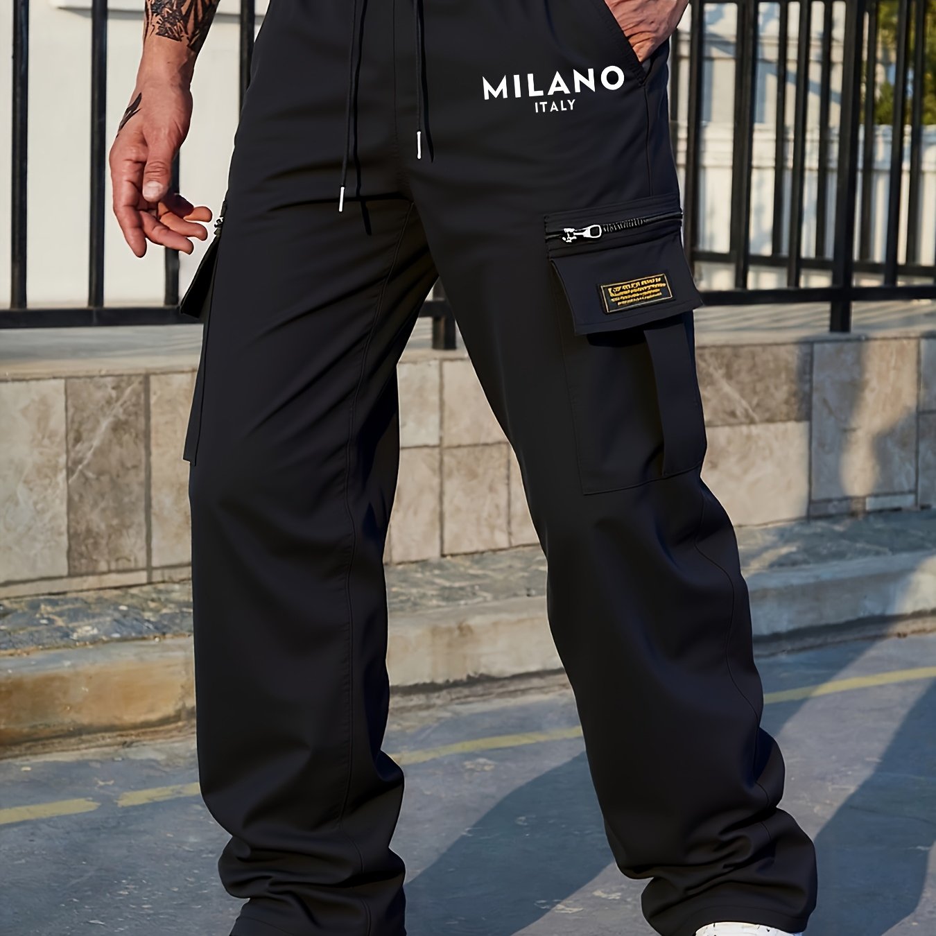 TEMU Pantalon Cargo Homme à Cordon avec Imprimé "", Multi-Poches et Color-Block, Idéal pour Extérieur, Décontracté et Streetwear, Toutes