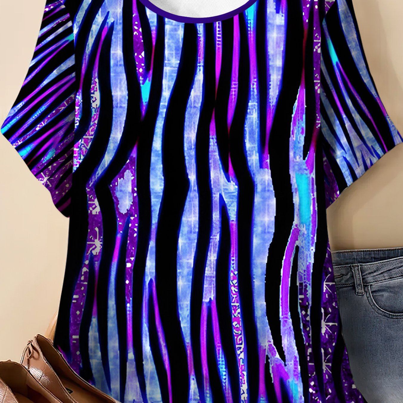 TEMU Women' Plus Size Purple & Blue Gradient Zebra Print T-shirt - Loose Fit Short Sleeve Round Neck Full-body Zebra Stripe Top, Psychedelic Art