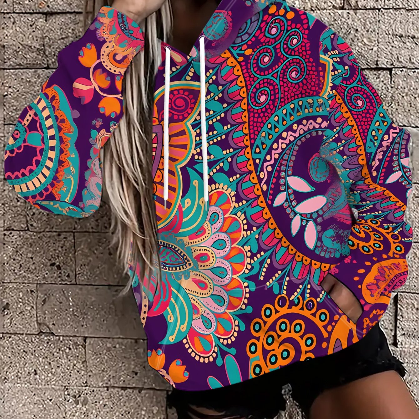 TEMU Women's Hooded Sweatshirt Featuring Ethnic Floral Paisley Print, Stylish Drawstring Design, Comfortable Casual Top, Unique Retro Streetwear