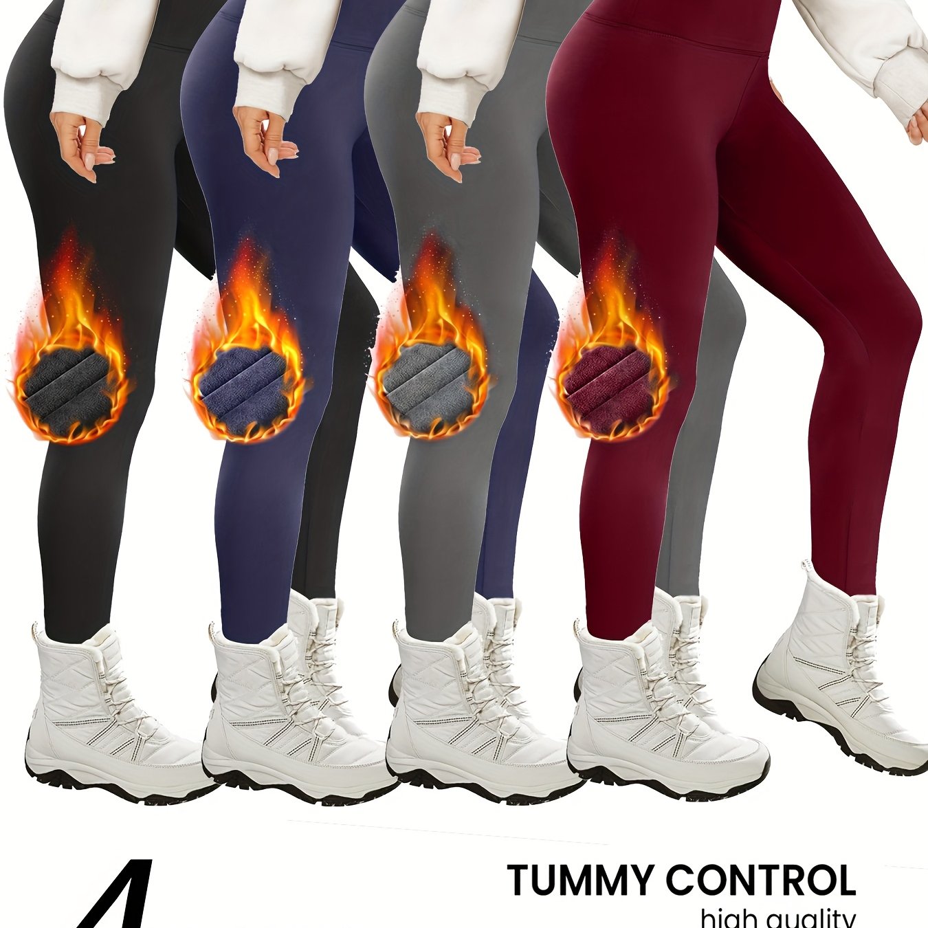 TEMU 4-pack Women's High Waisted Winter Yoga Pants With Fleece - Thermal Tummy Control Leggings, Soft Warm Workout Gym Hiking Pants, Solid Color Non-
