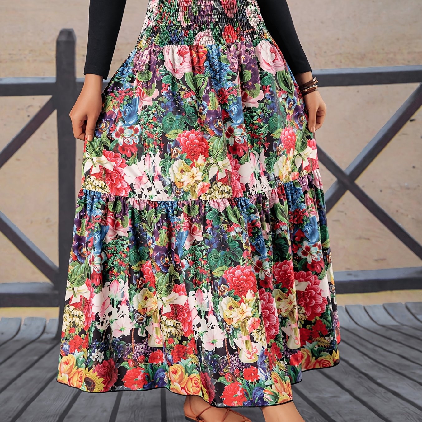 TEMU Women's High-waisted Shirred Tiered Floral Maxi Skirt, Bohemian Chic Flowy A-line Long Skirt, Casual Summer Beach Vacation Swing Skirt, Suitable