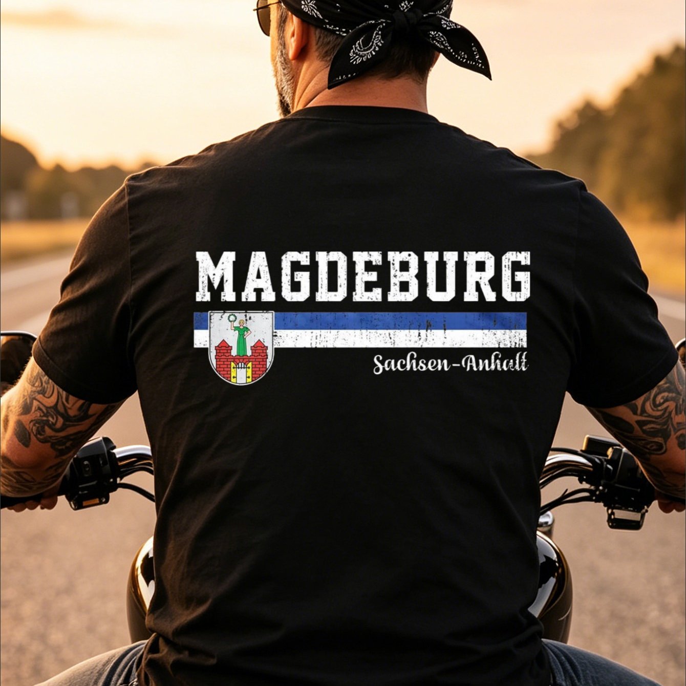 Image of Trendy New Style Back Print Funny Unisex T-shirt Black Magdeburg Sachsen Anhalt Flag And Text Design For Motorcycle Riding Travel Gift 100 Fashion Versatile Daily Casual Wear Short Sleeve