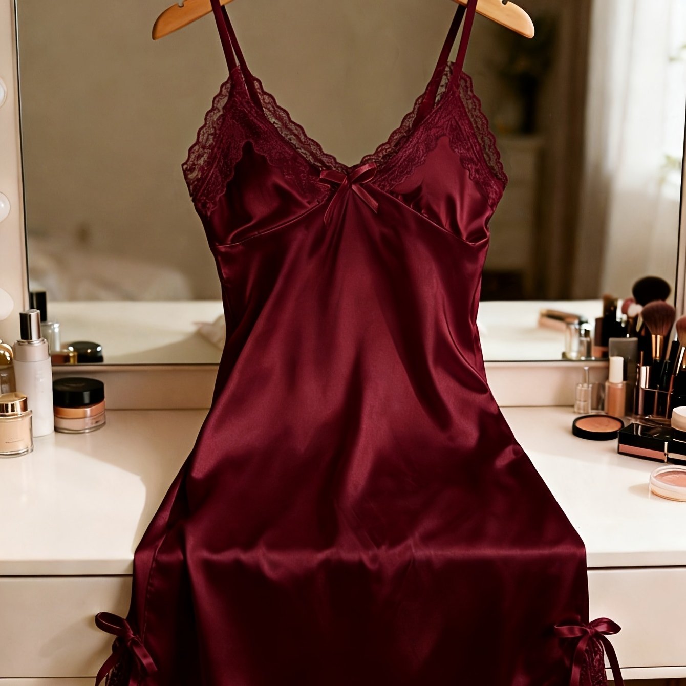 Image of Wedding And Honeymoon Special Nightgown, Romantic Wedding Night Bridal Loungewear, Lace Deep V Neck Split Cami Dress, Pure Desire Sexy Bridal Sleepwear