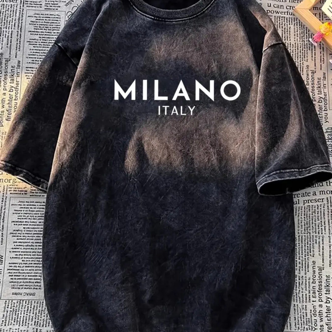 TEMU Men's Vintage Washed T-shirt With " Italia" Print | Soft, Breathable, Loose Fit Short Sleeve Crewneck For Casual Streetwear, , Retro Print, Comfortable Daily Wear, Soft Fabric