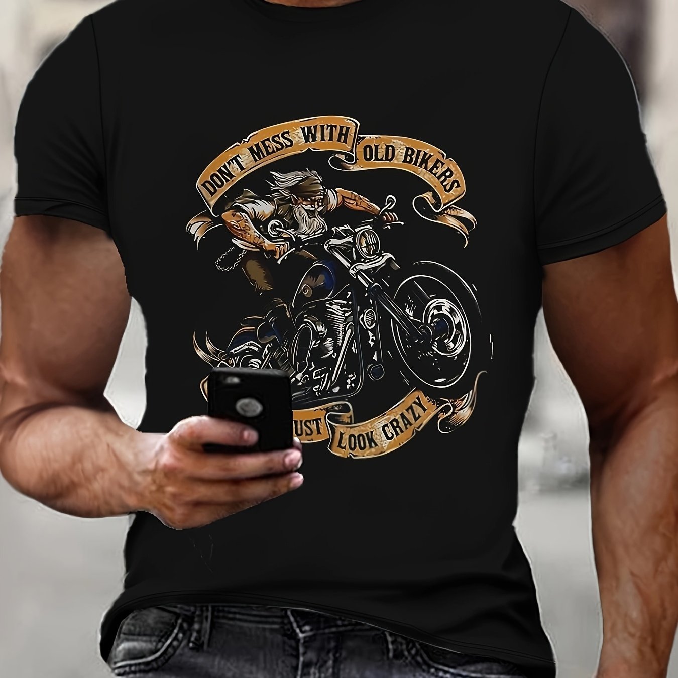 TEMU Men's Summer Casual Short Sleeve T-shirt-motorcycle Pattern Printing Large Design, Black , Breathable Round Neck Outdoor Activities Top, Machine