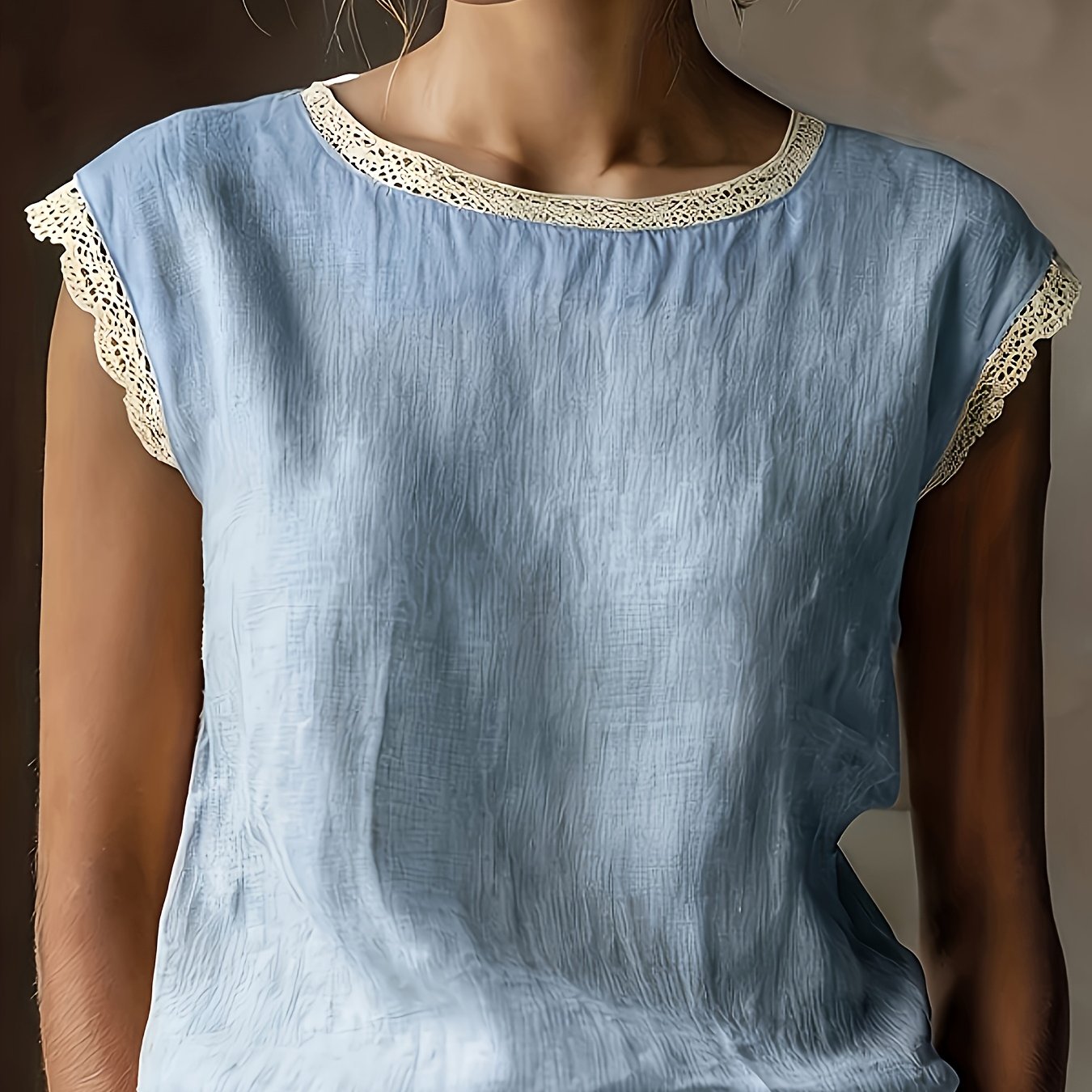 TEMU Women's Vintage Lace T-shirt - Short-sleeve Round Neck Loose , Breathable Suitable For Seasons, Solid For Layering, Hand Washable For Or Resort