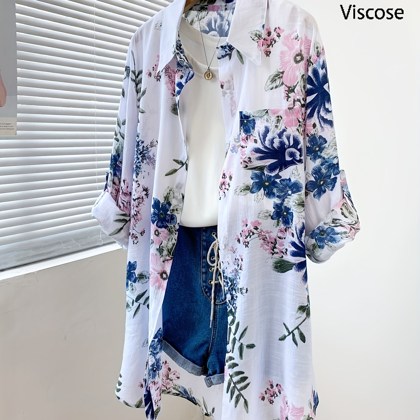 Image of New Beautiful Elegant Thin Semi-transparent Floral Straight Spray Print Long Sleeve Shirt Loose Casual With Cuffs Mid-length Cardigan Blouse Women' Fashion