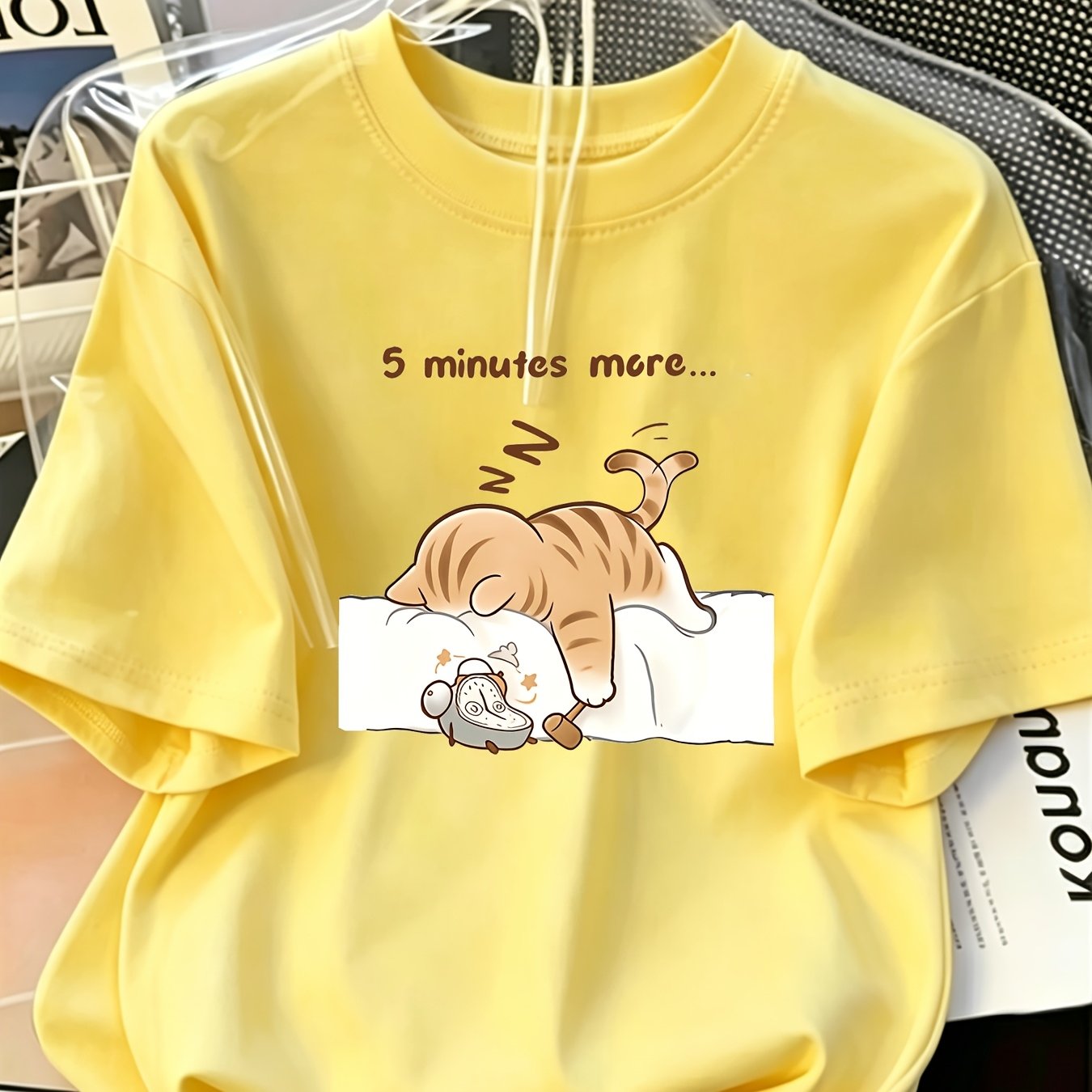 TEMU Plus Size - Plus Size - Women's Summer Round Neck Short Sleeve T-shirt, "sleeping Cat" English Letter Print, Suitable For Summer, Beach, Street,