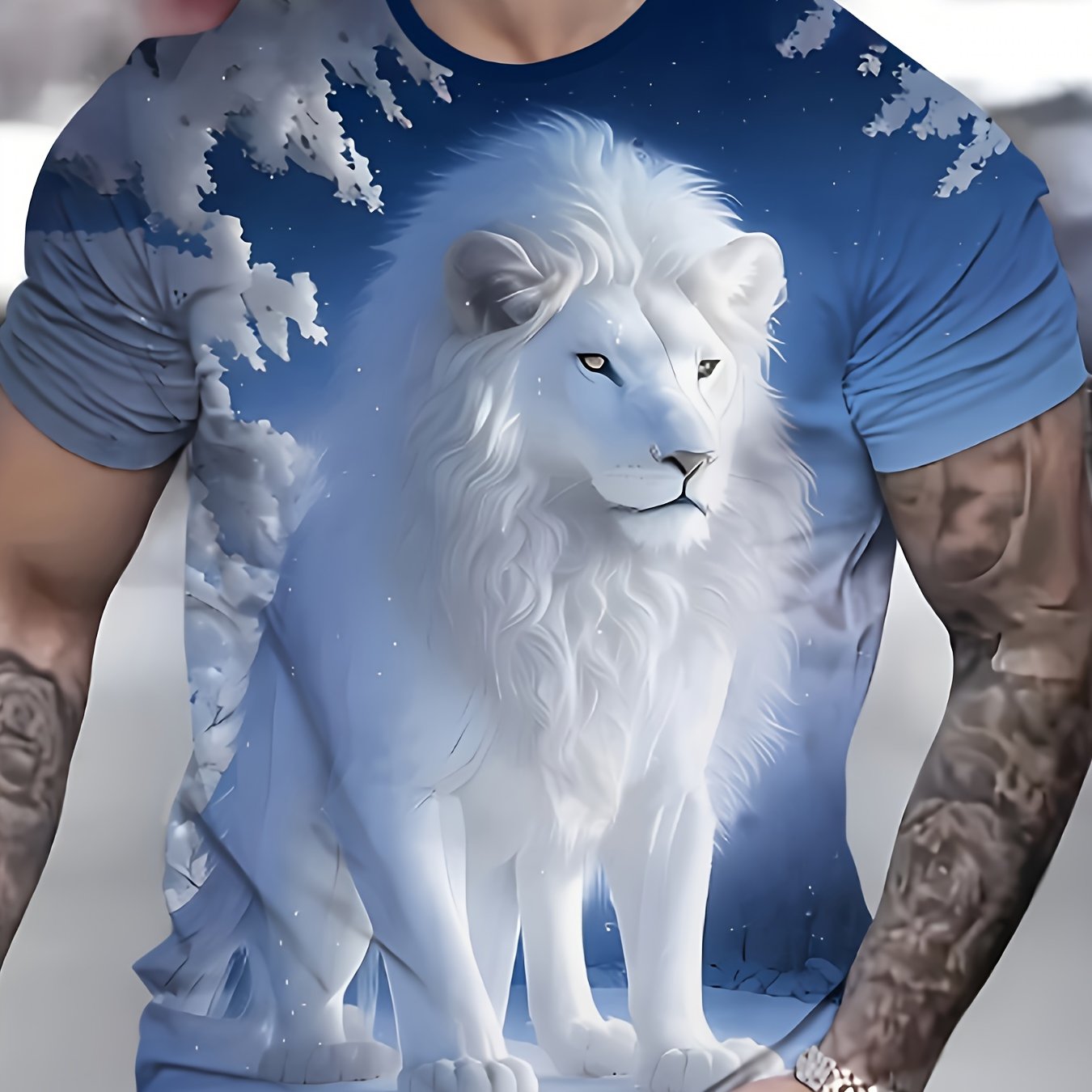 E-shop Herren T-Shirt mit 3D-Löwen-Druck - lässiges Kurzarm-Crew-Neck, strapazierfähiges Polyester-Gewebe, weißer Löwe mit blauem Hintergrund, leichtes