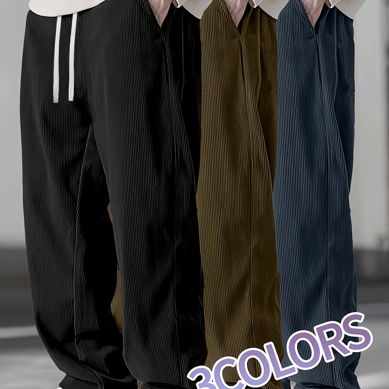 TEMU 1pc Men's Corduroy Straight Casual Trousers With Elastic Drawstring Waistband - Mocha, Black, Gray-blue, 3 Colors - Suitable For Casual Wear