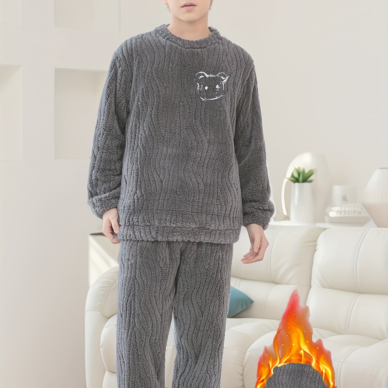 Image of 2pcs Boys' Winter Plush Thermal Outfit Set - Thickened Warm Matching Sweater & Pants, Cozy Machine-washable Clothes For, & Cold Weather ( &), Perfect For Outdoor, Autumn Essentials