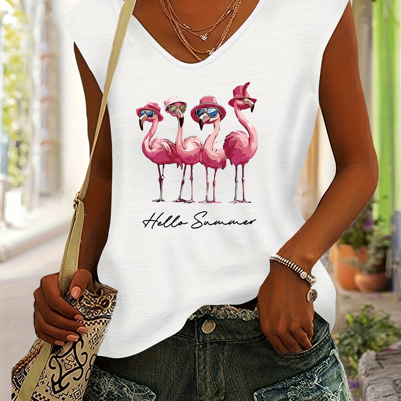 TEMU T-shirt da donna a maniche corte con scollo a V, stampa con fenicotteri rosa, stile western, estate, casual, facile, versatile, per e le vacanze