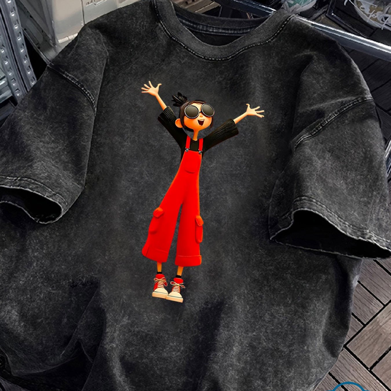 Image of Ladies' Trendy, Fashionable, Retro Distressed And Washed Short-sleeved Tops. Cartoon Printed Women's Round-neck Washed T-shirts
