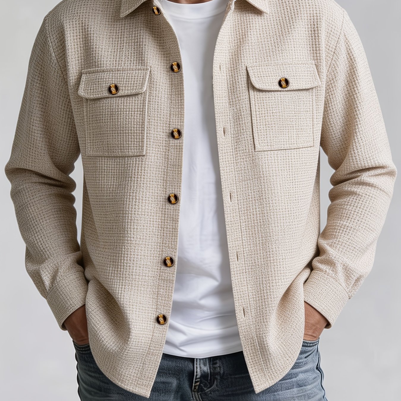 TEMU Obm Men's Casual Sport Jacket, Waffle Texture Lapel Work Shirt Jacket, Men' Pocket Wood Button Loose Fit Casual Long Sleeve Shirt, Versatile