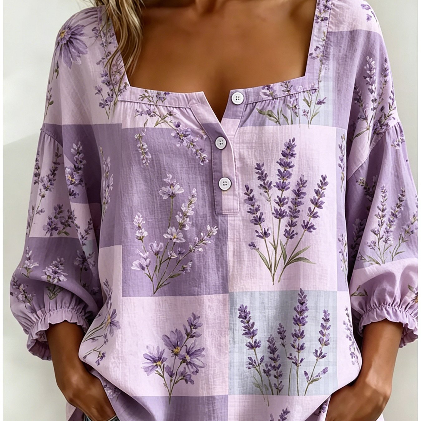 Plus Size - Plus Size - 2d Flat Printing Plus Size Women's Color Block Shirt With Floral Print, Square Neckline