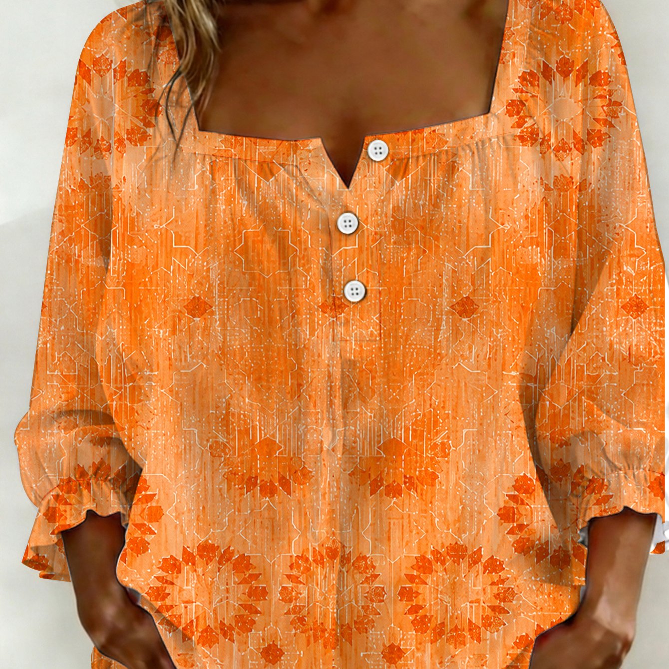 Plus Size, 2d Flat Printing Plus Size Women's Orange Abstract Floral Shirt, Square Neck Button Detail 3/4 Sleeve, Artistic Warm Tone Slim , 2d Flat