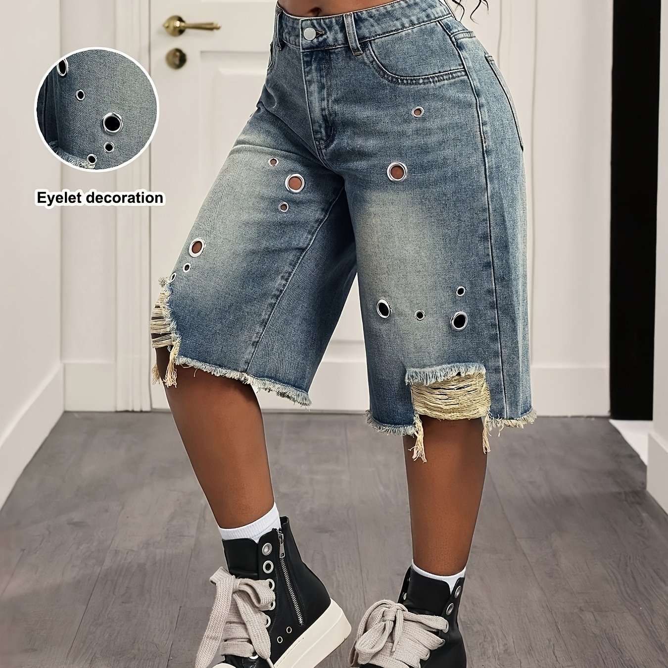 Women's Black Washed -point Shorts, High-waisted Loose Wide-leg Design With Hollow And Frayed Edges, Y2k Streetwear, Vintage Style, Breathable, Comfortable And Versatile Casual Wear