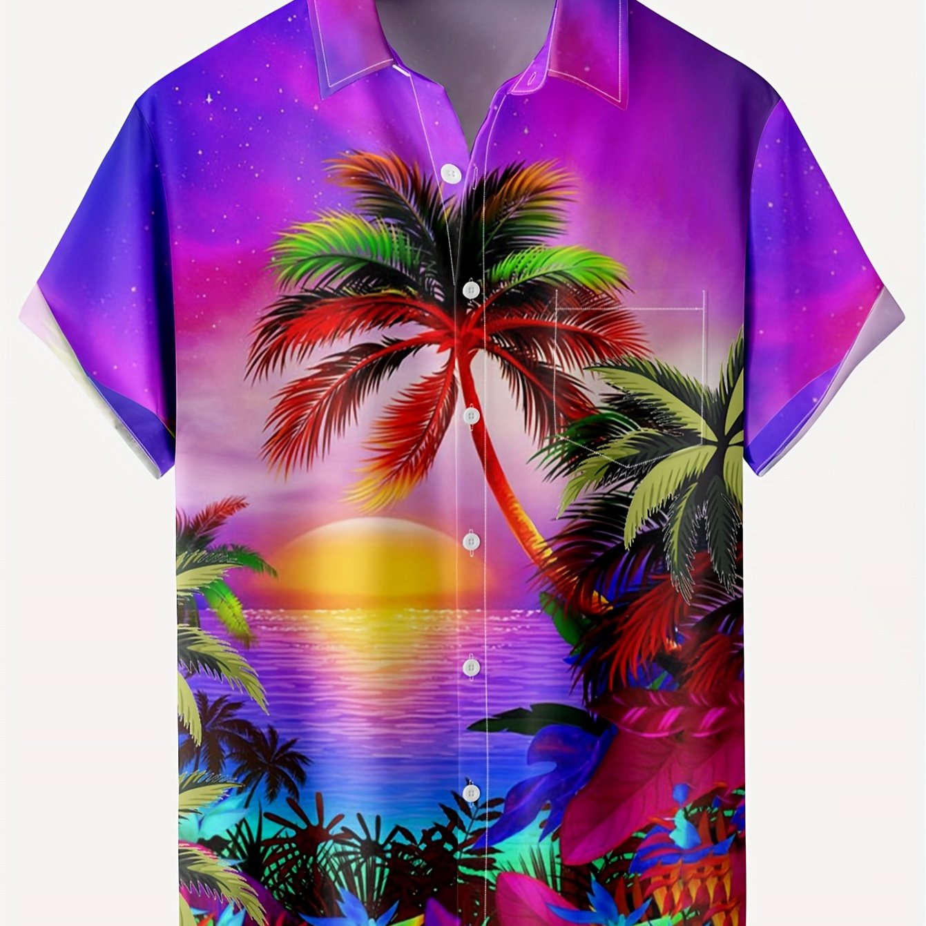 TEMU Men's Casual Polyester Shirt| Vibrant Sunset Palm Tree | Short-sleeve With Chest Pocket| Non-stretch, Machine Washable| Wear, Plus Size