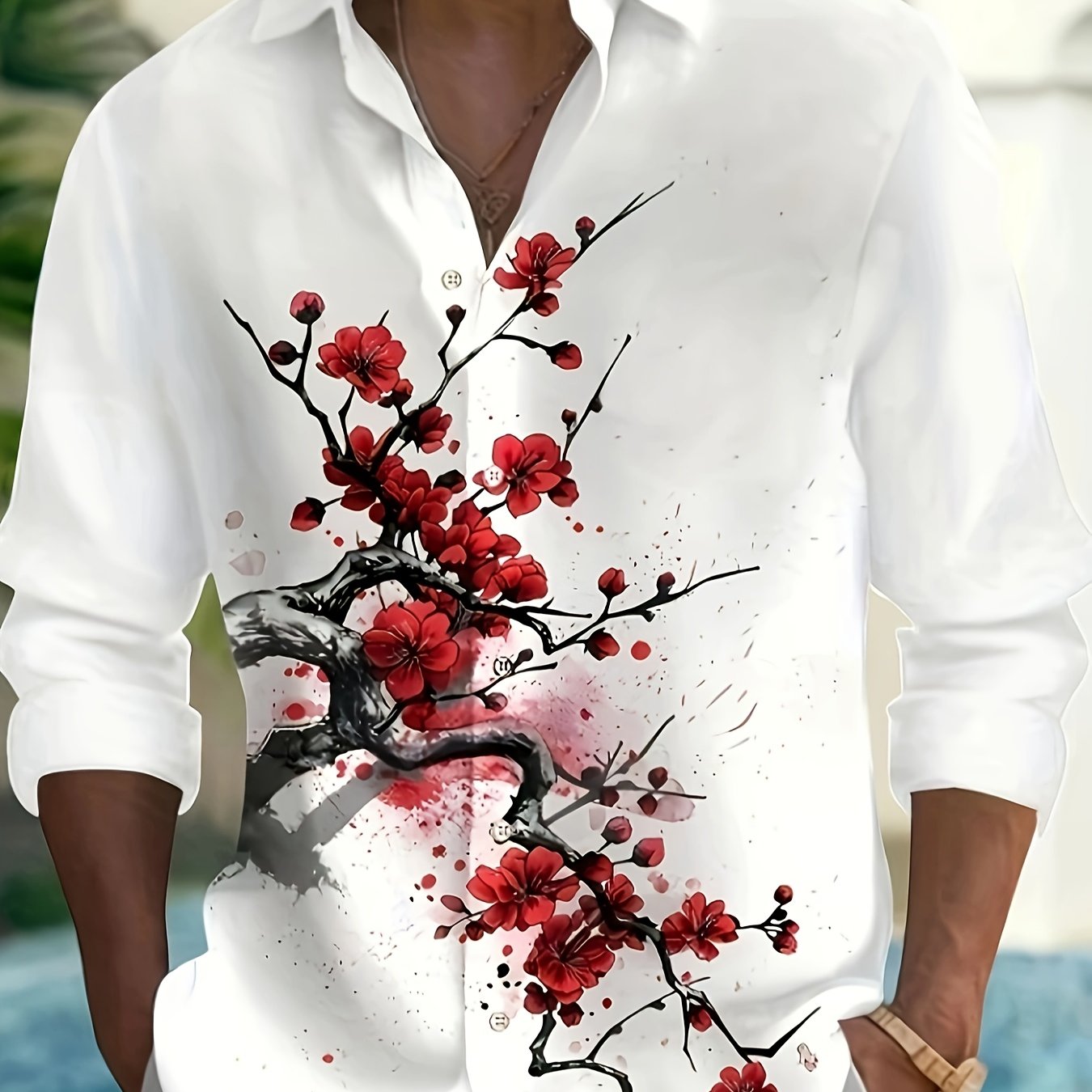 TEMU Men's Casual Long Sleeve Shirt With Print, Polyester 100%, Lapel Collar, Loose Fit, Slight Stretch, Woven Fabric, Fall/