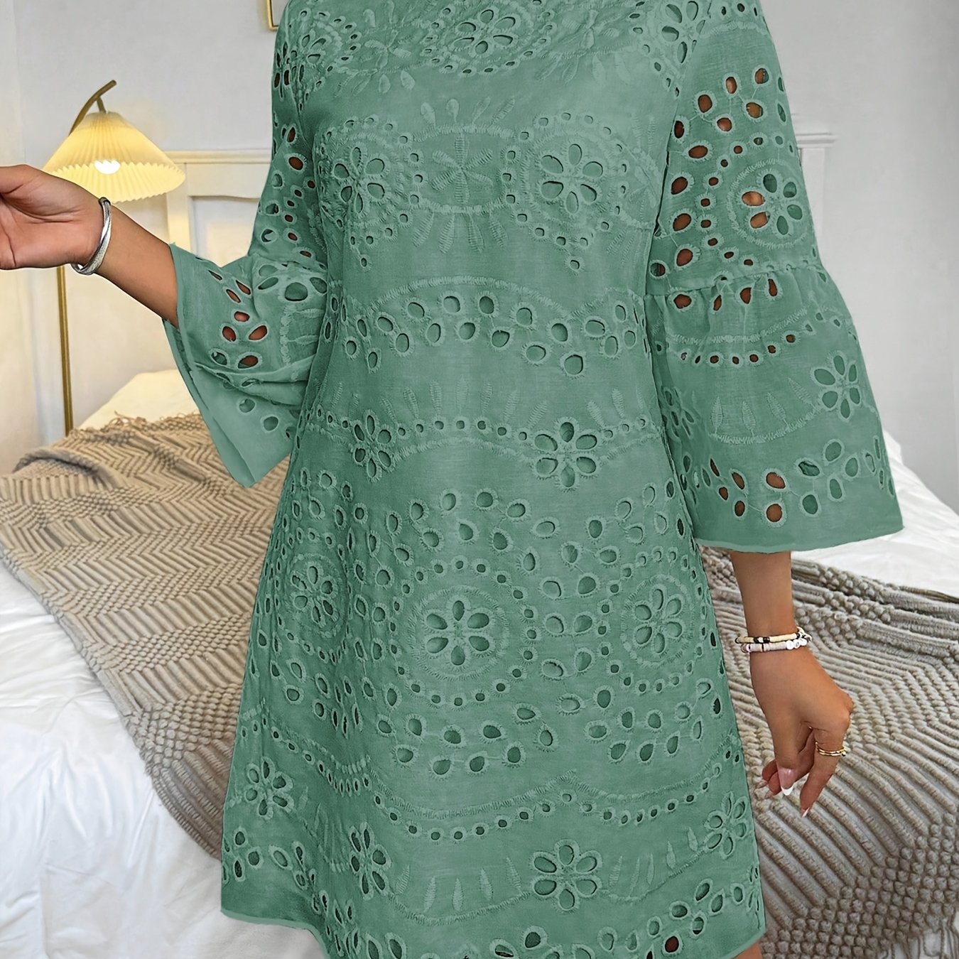 TEMU Women's Floral Cut-out Embroidered Round Neck Flared Sleeve Casual Dress, Belt Not Included