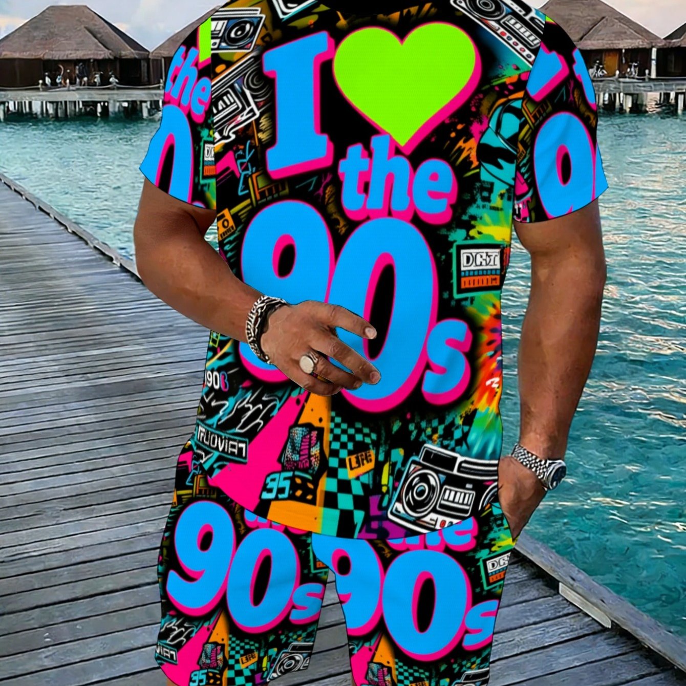 TEMU Men's 90s Inspired T-shirt And Shorts Combo, Made From Polyester, Bright Neon Hues, Lightweight And Sturdy, Ideal For , Poolside Gatherings,