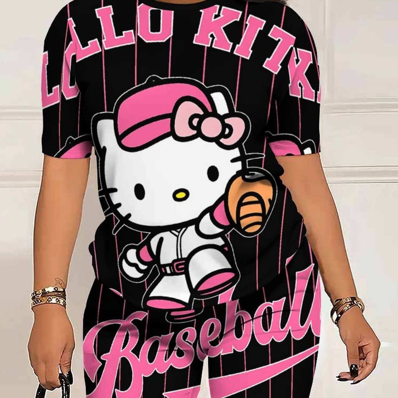 Image of Plus Size Women's Fashion Casual Cartoon Print Short Sleeve Shorts Women's Sportswear Plus Size Set