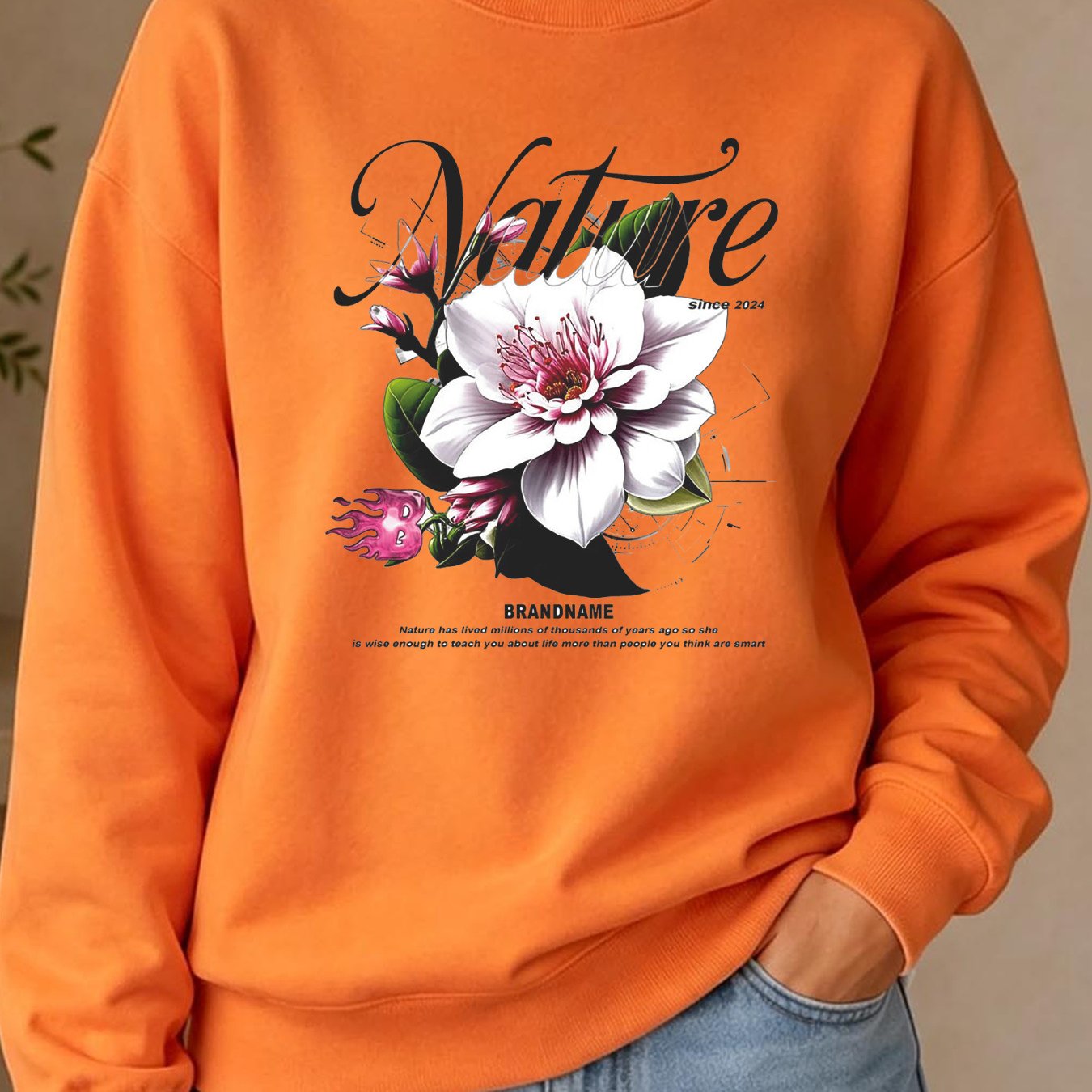 Image of Y2k Women's Crew Neck Pullover Sweatshirt With Floral Print & Nature Graphic, Soft Relaxed Fit, Machine Washable, Versatile Casual Top