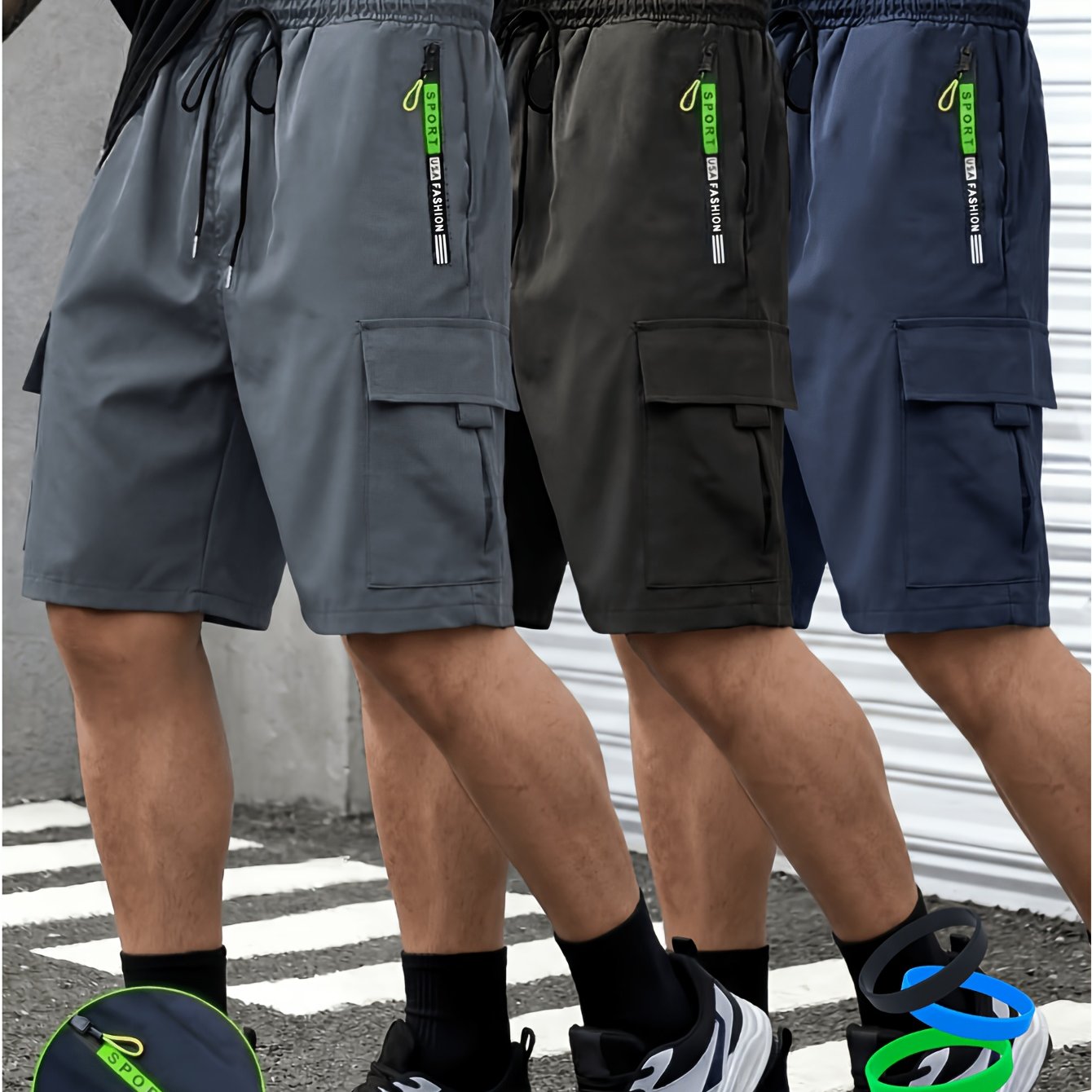 Set Of 3 Men's , Sporty Casual Shorts - Black, (comes With Wristband), Adjustable Waistband ( In Black, Gray, Blue) - Ideal For Outdoor Activities & Travel