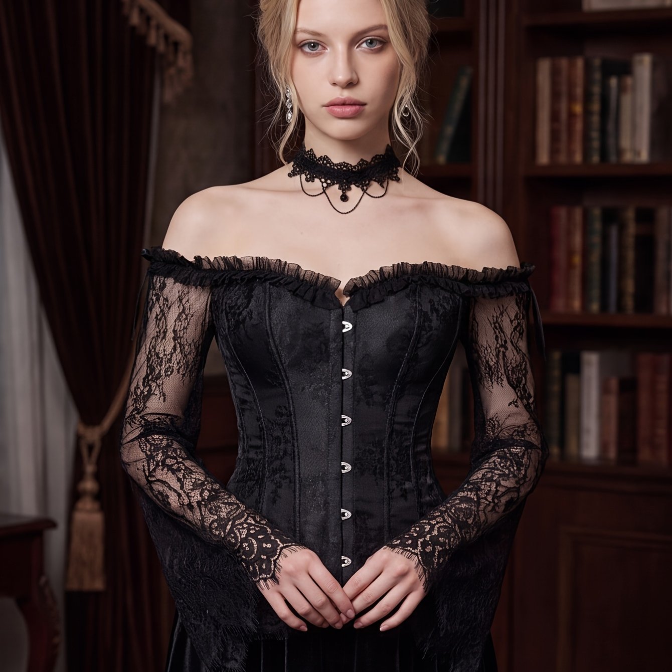 Image of Women's Corset Tops With Lace Sleeves, Bustier Overbust Lace Up Bodice Lingerie, Tummy 's Lingerie And Shapewear
