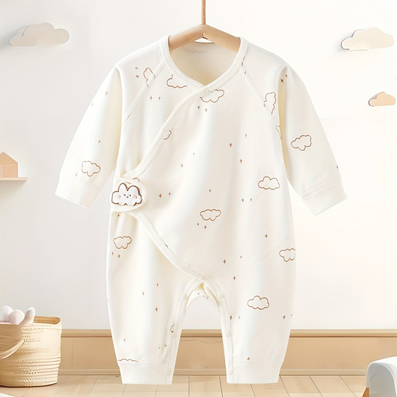 Image of Baby Bodysuit 2026 Spring Autumn Winter New Style, Knit Fabric Soft Sweat-absorbing Breathable, Hook-and-loop Closure For Easy Dressing, Cute Cloud Full Print, For Outdoor, Sweat-resistant